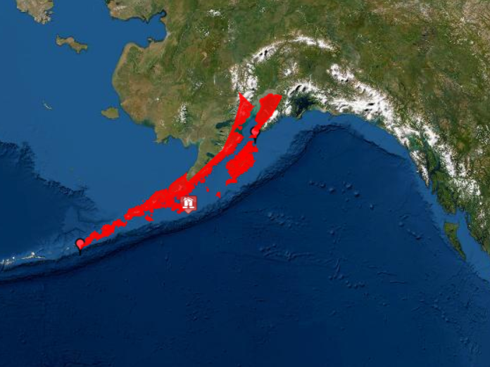 US National Weather service map showing tsunami alerts in place on Wednesday, now cancelled