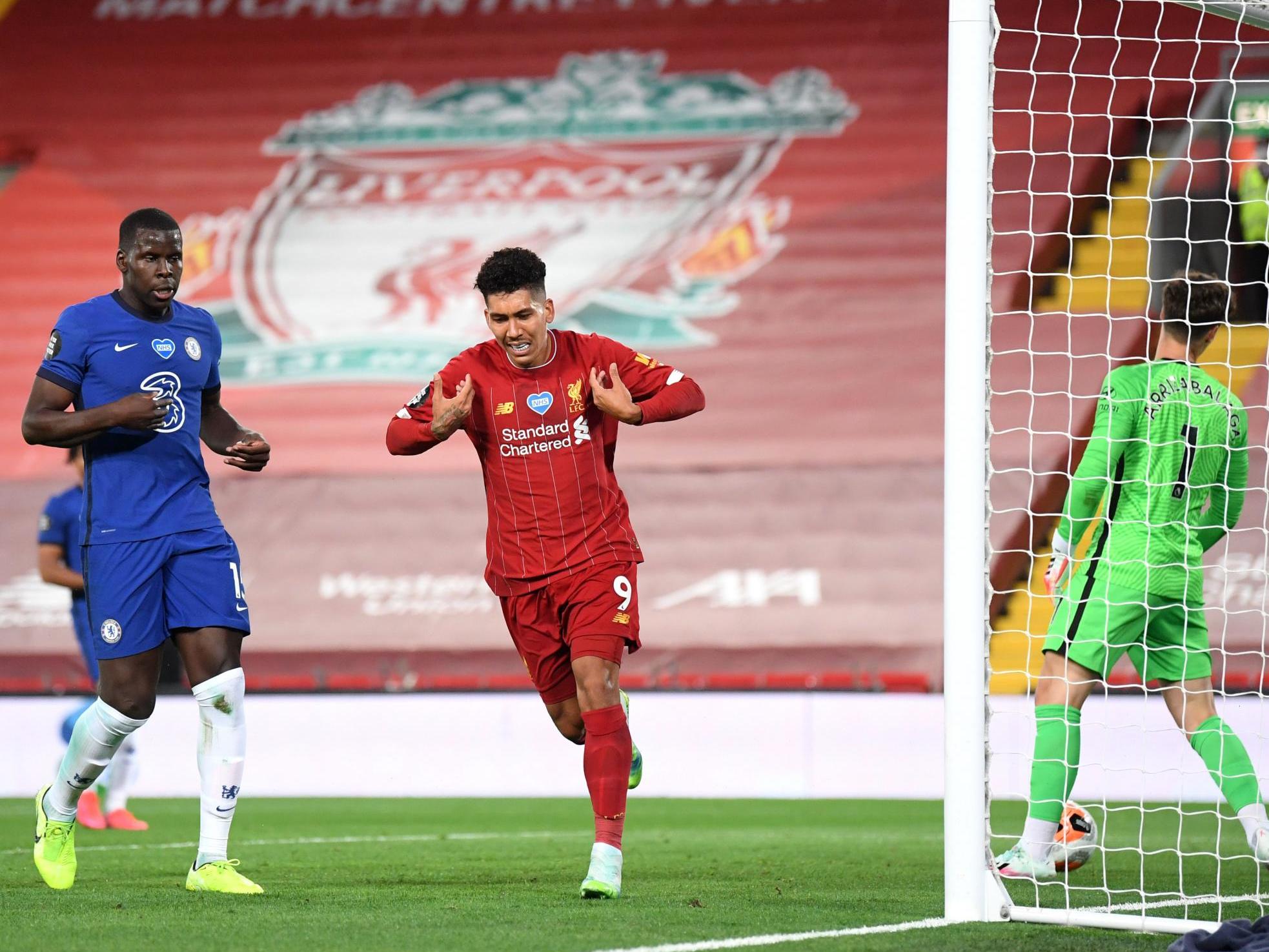 Firmino celebrates scoring against Chelsea