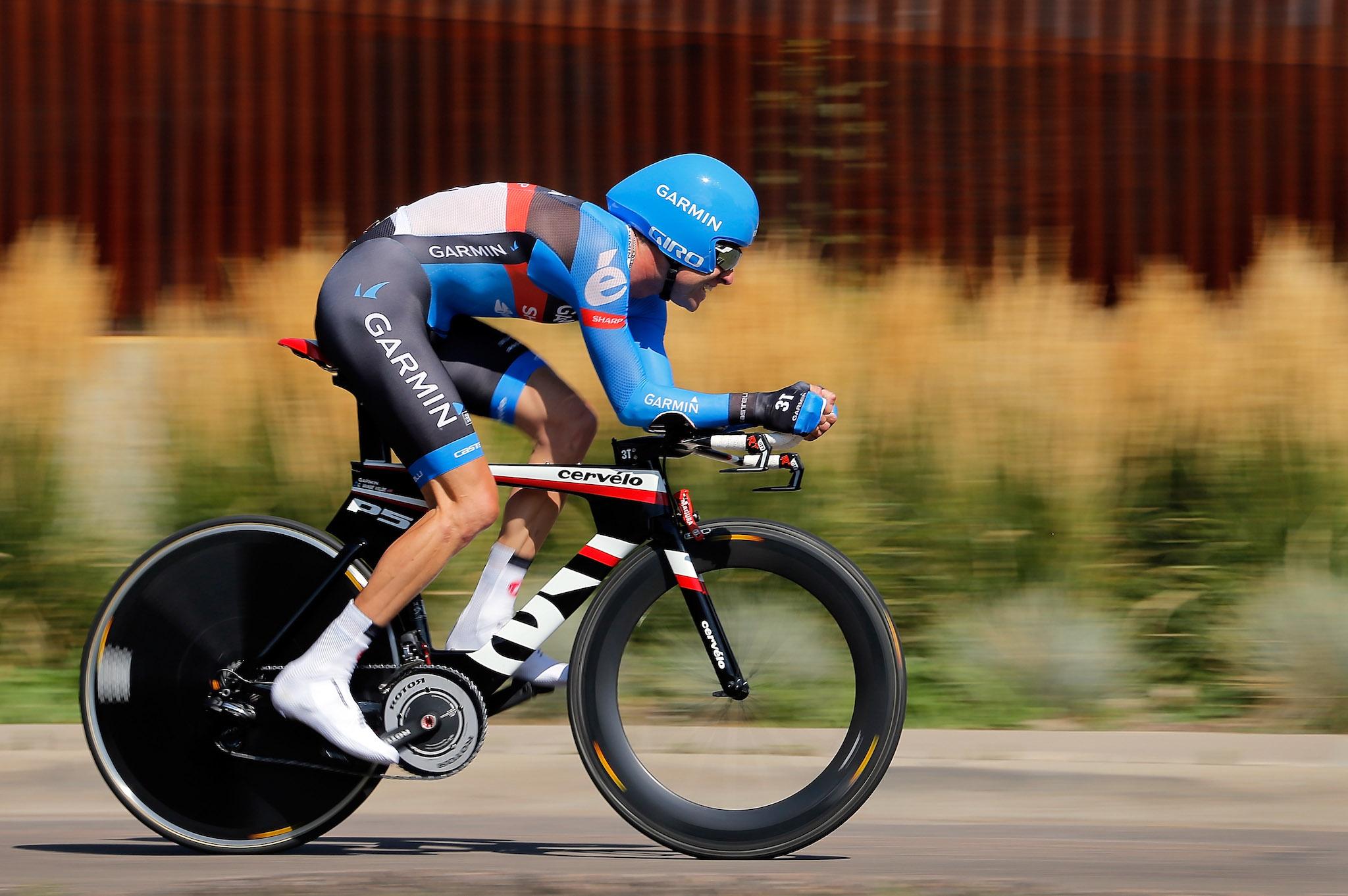 Christain Vande Velde of the USA riding for Garmin-Sharp races to second place in the individual time trial during stage seven to win the general classification in the USA Pro Challenge on August 26, 2012 in Denver, Colorado