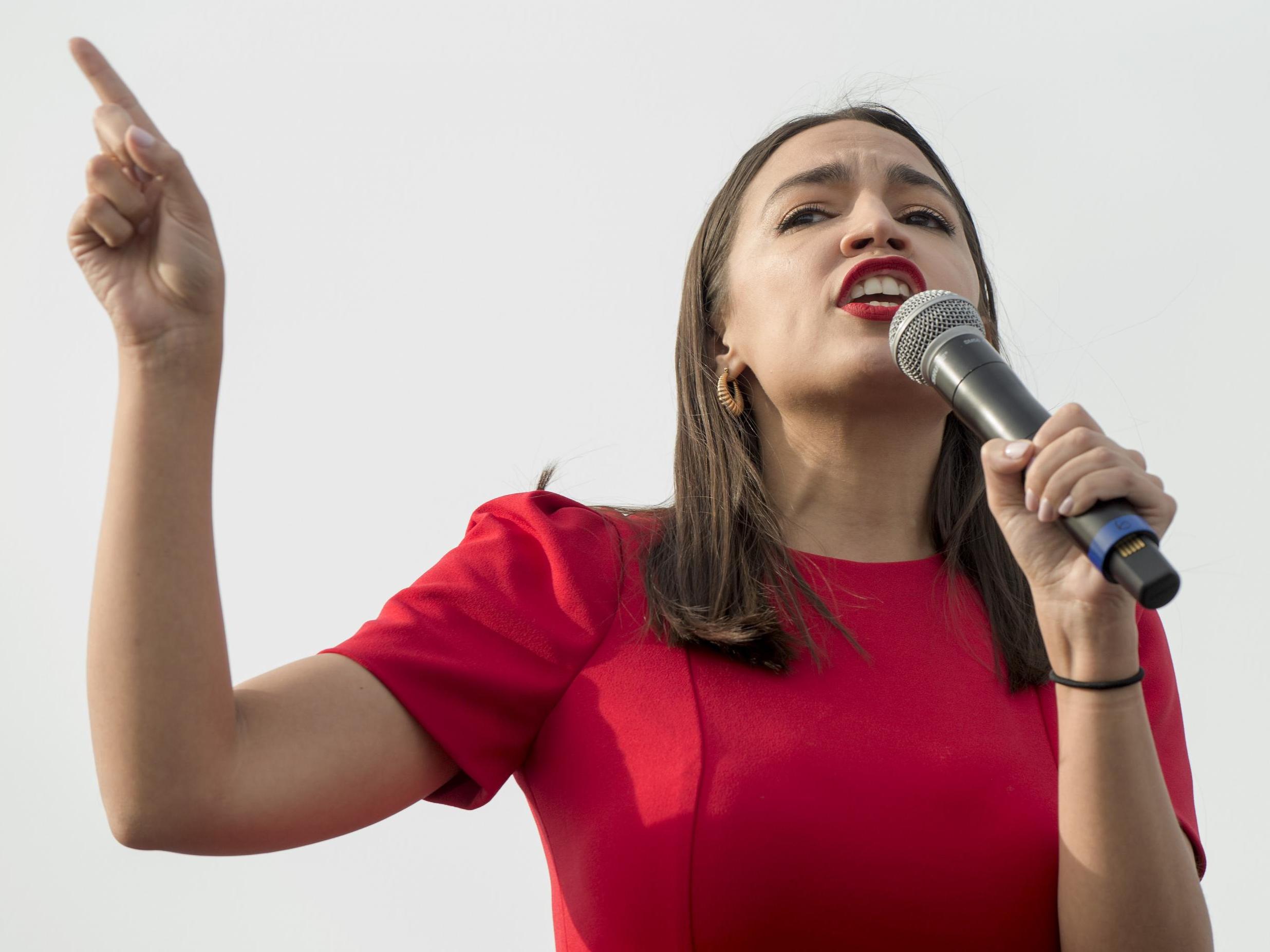 Ocasio-Cortez at a Bernie Sanders rally in Venice Beach, Los Angeles, in December