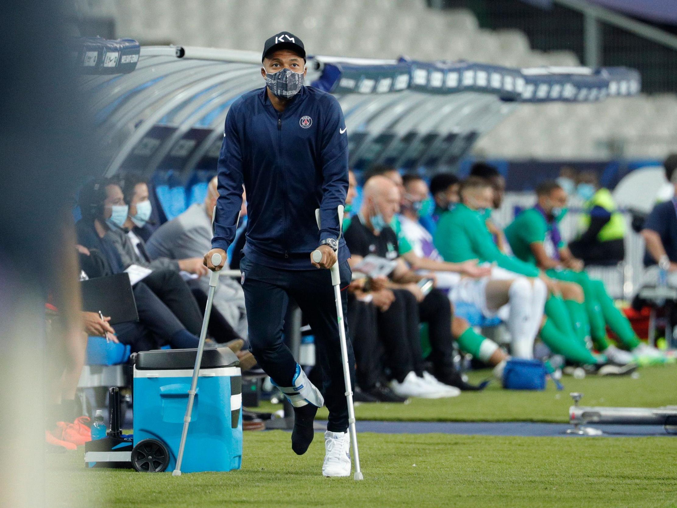 Mbappe was left on crutches after the game