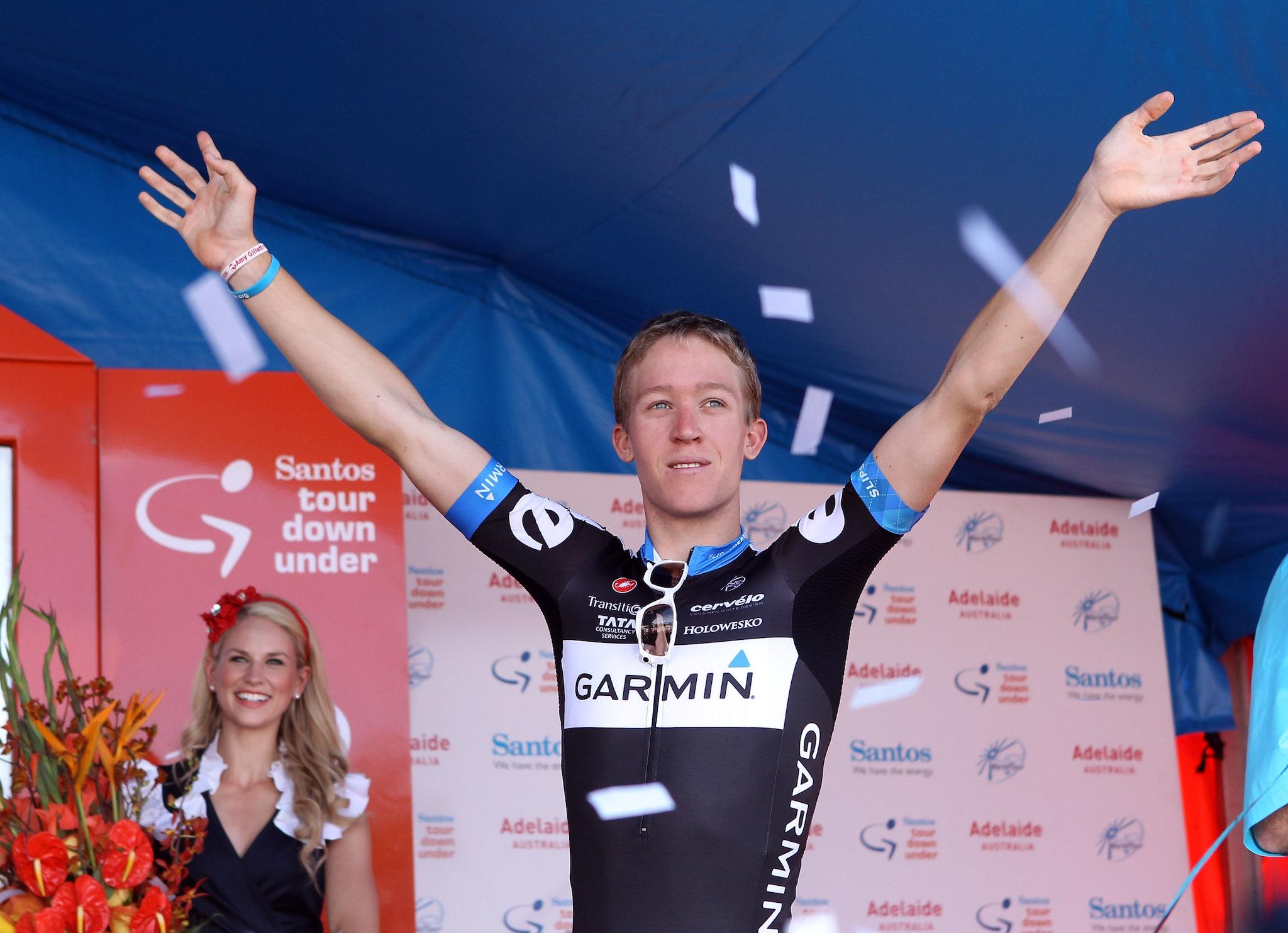 Cameron Meyer of Australia and Team Garmin-Cervelo celebrates on the podium as race winner after Stage Six of the 2011 Tour Down Under on January 23, 2011 in Adelaide, Australia