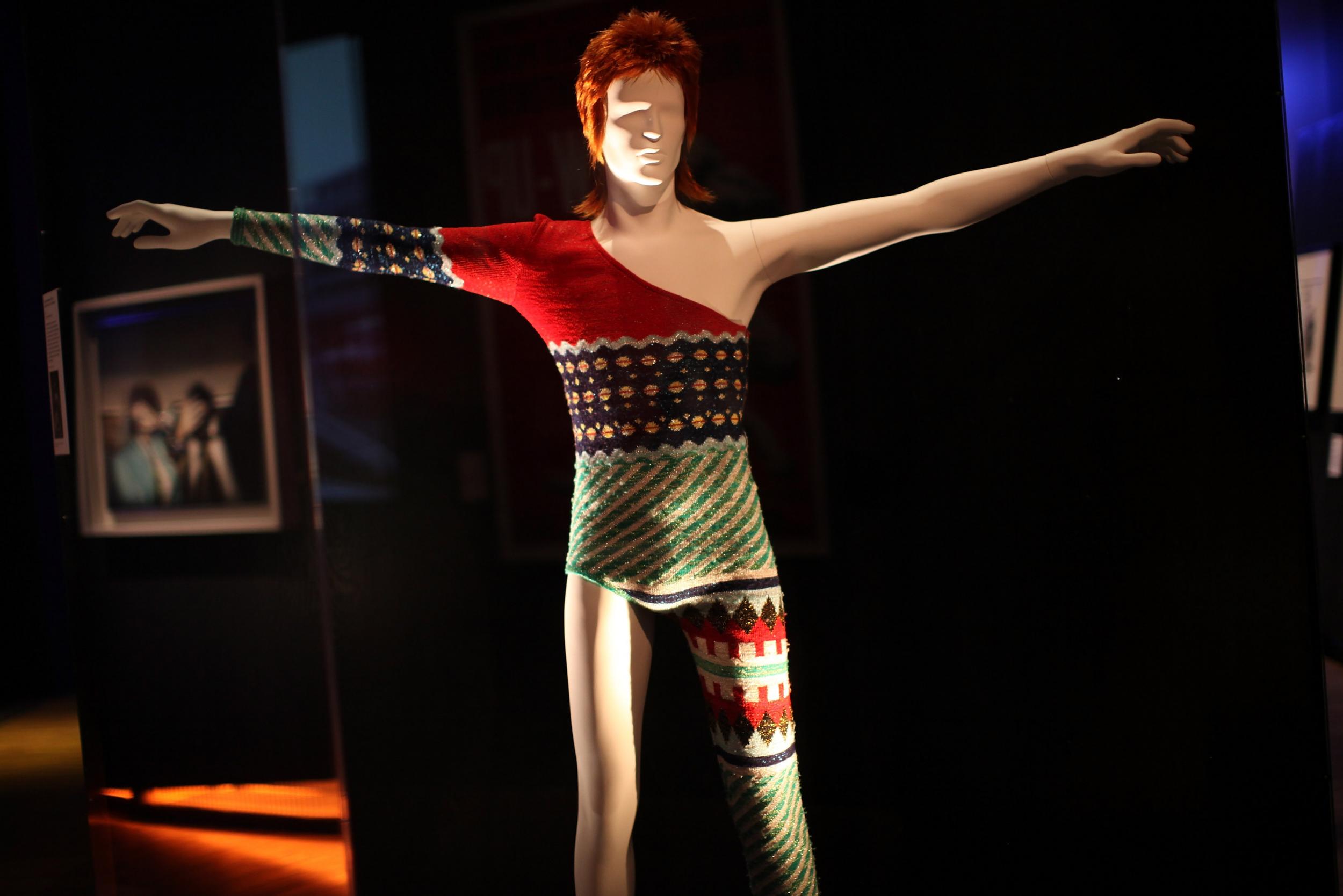 A costume designed by Japanese designer Kansai Yamamoto for David Bowie’s Ziggy Stardust character is display at the Victoria and Albert museums’ new major exhibition, ‘British Design 1948-2012: Innovation In The Modern Age’ on March 28, 2012 in London, England