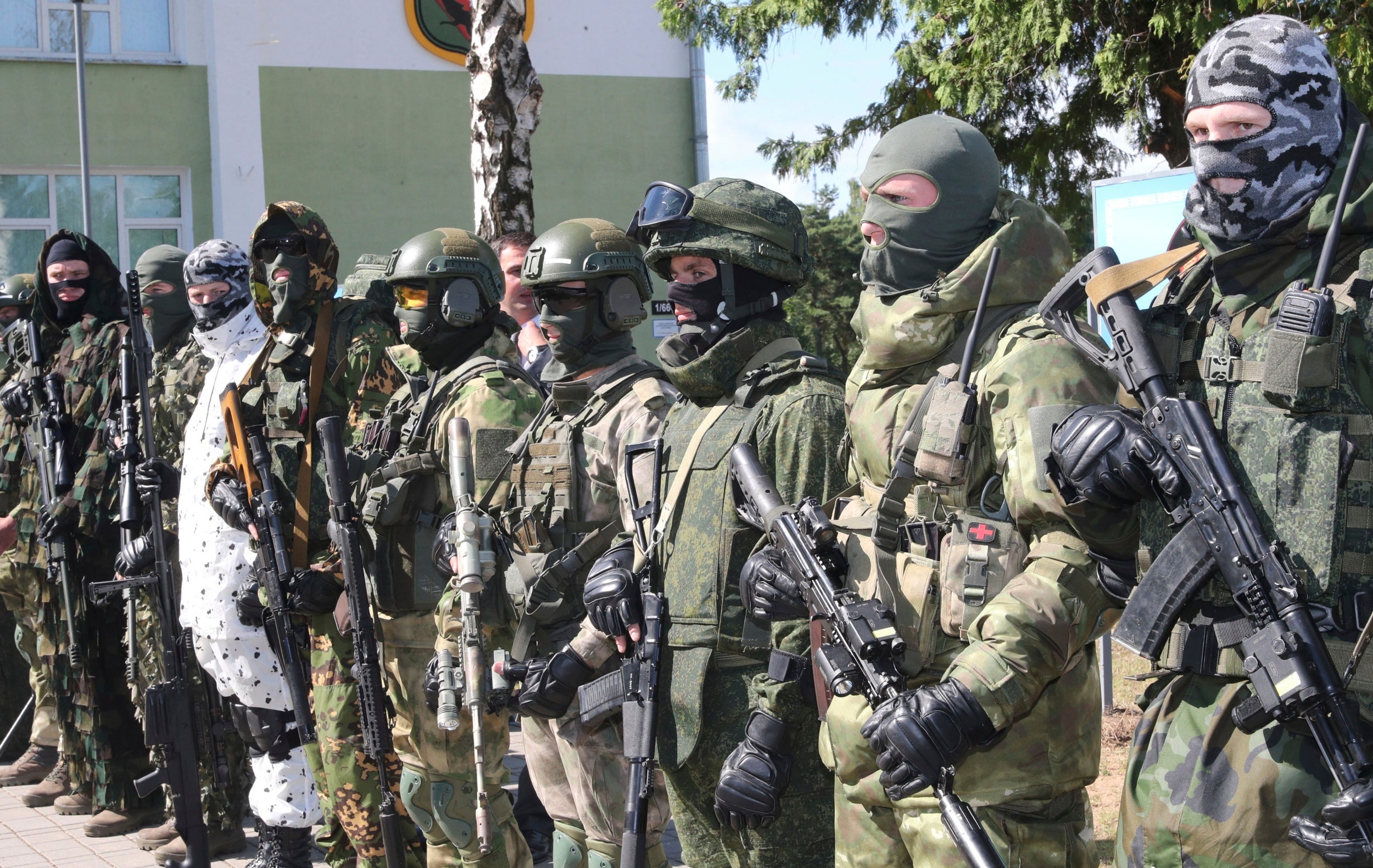 Belarusian army special troops line up as the president Alexander Lukashenko visits a military base in Maryina Gorka