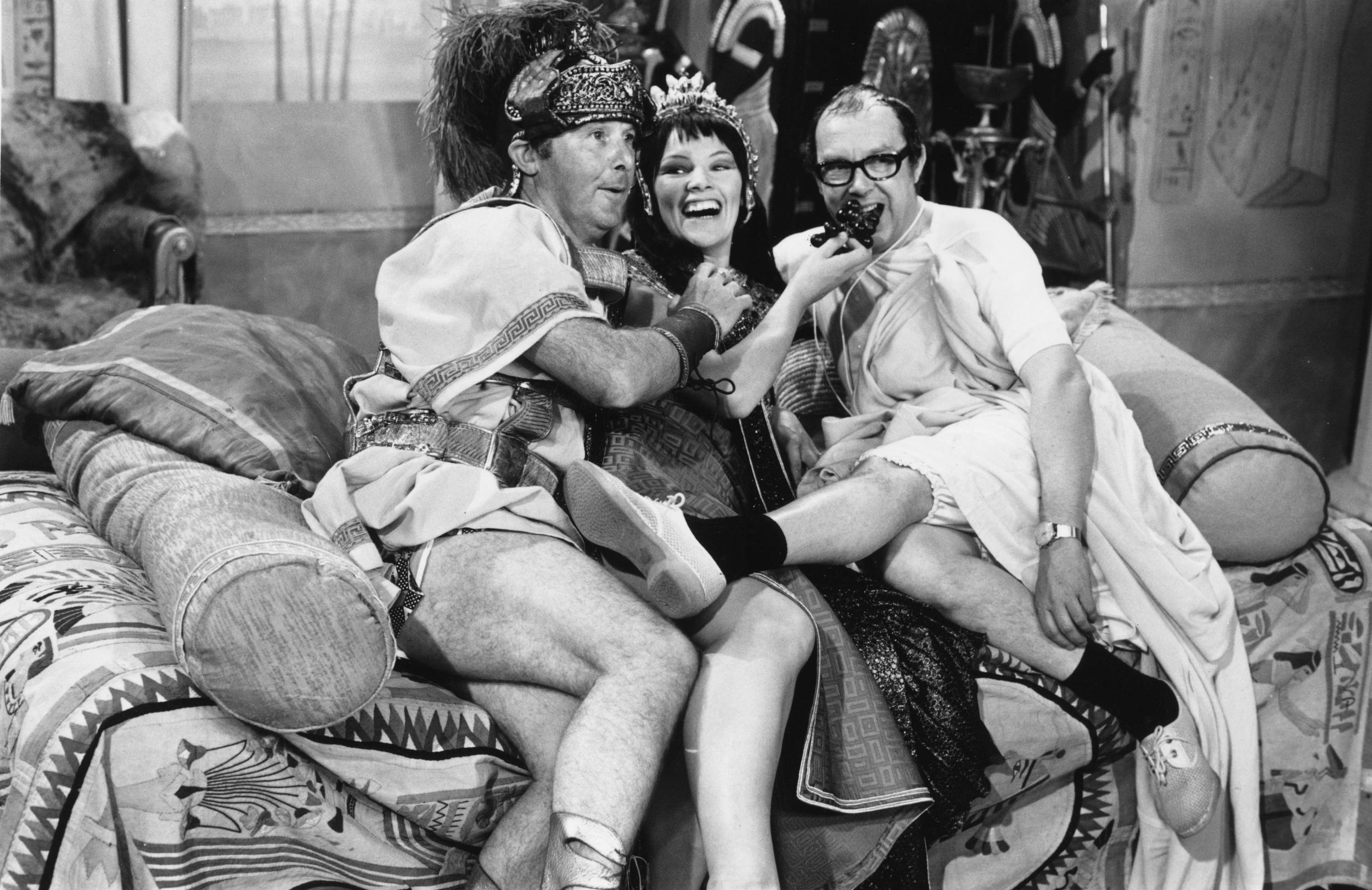 Jackson as Cleopatra, with Eric Morecambe (right) and Ernie Wise rehearsing a sketch for ‘The Morecambe And Wise Show’ in 1971