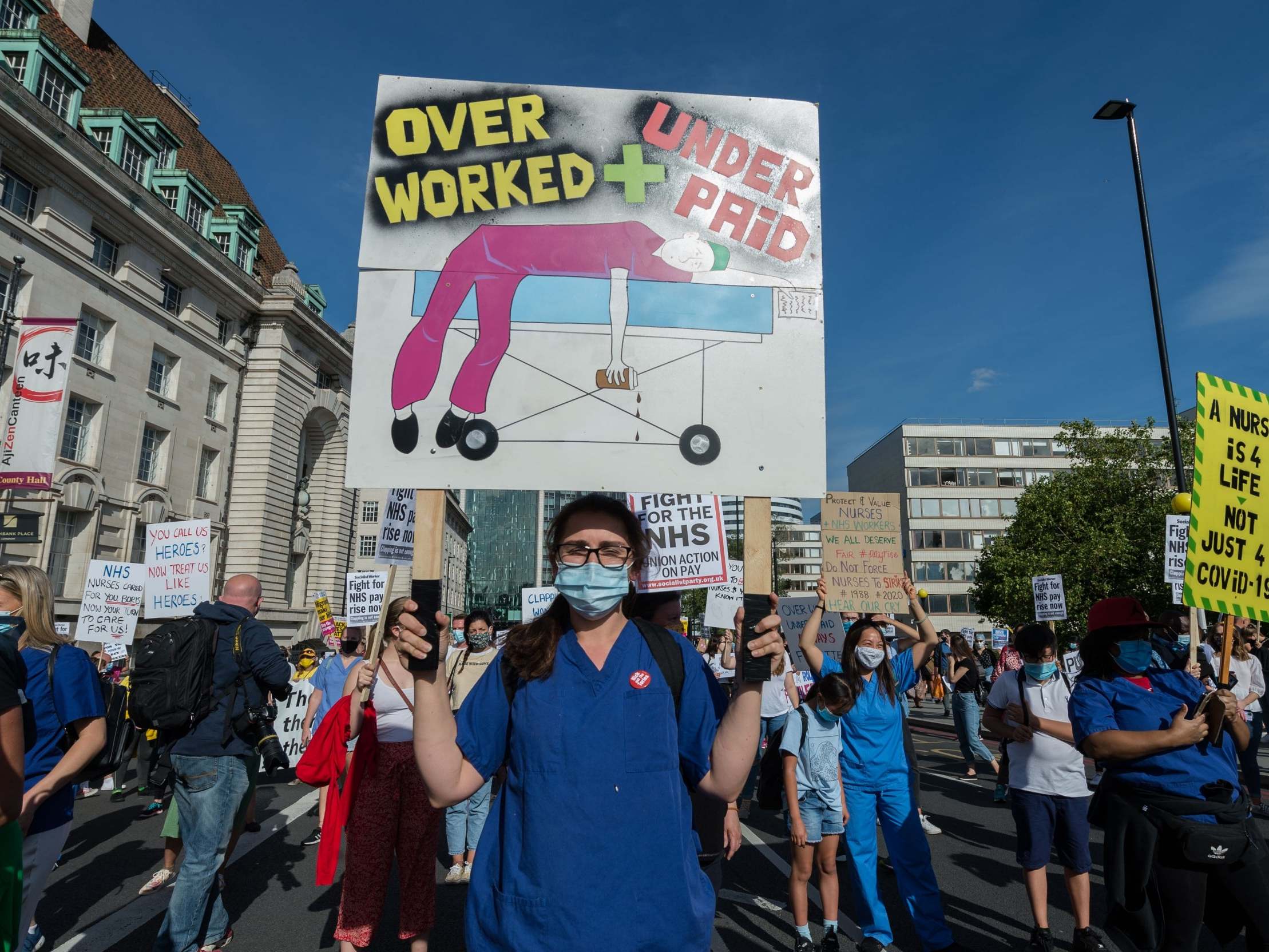 NHS staff gather outside St Thomas' Hospital to take part in a protest march to Downing Street in central London to demand pay justice for NHS and key workers