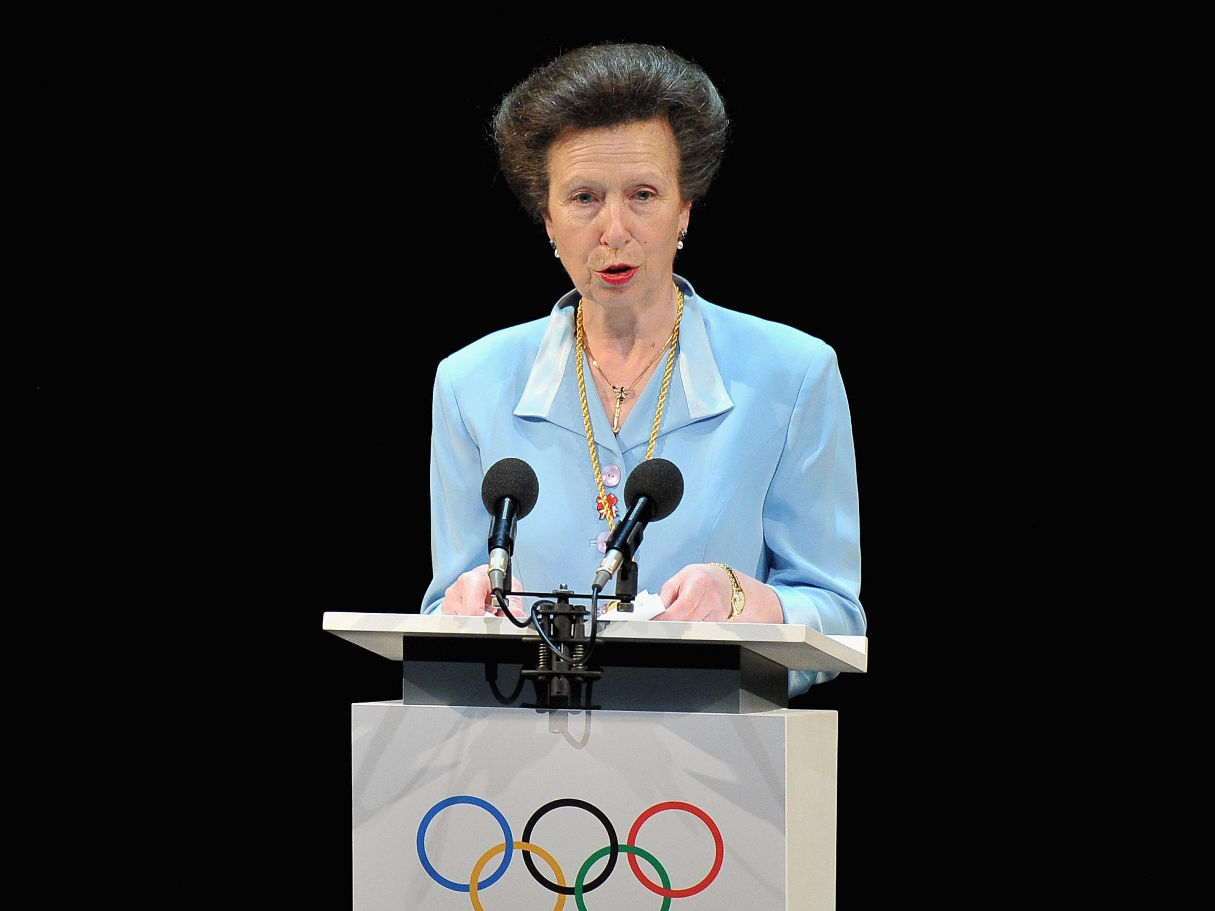 Princess Anne speaks on stage during the opening ceremony of the 124th IOC Session, prior to the start of the London 2012 Olympic Games