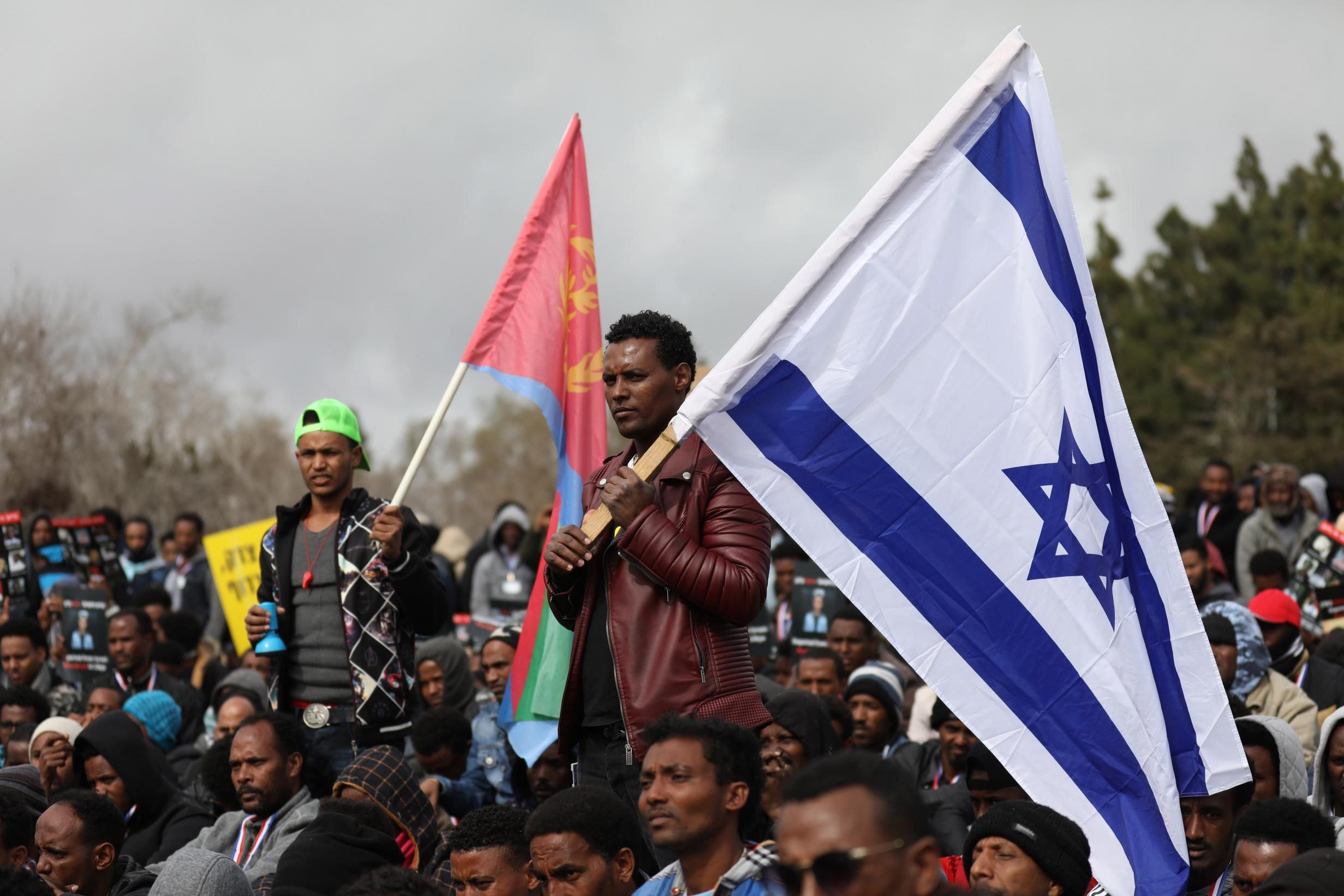 African asylum seekers, mostly from Eritrea, take part in a protest against Israel’s deportation policy in front of the Knesset