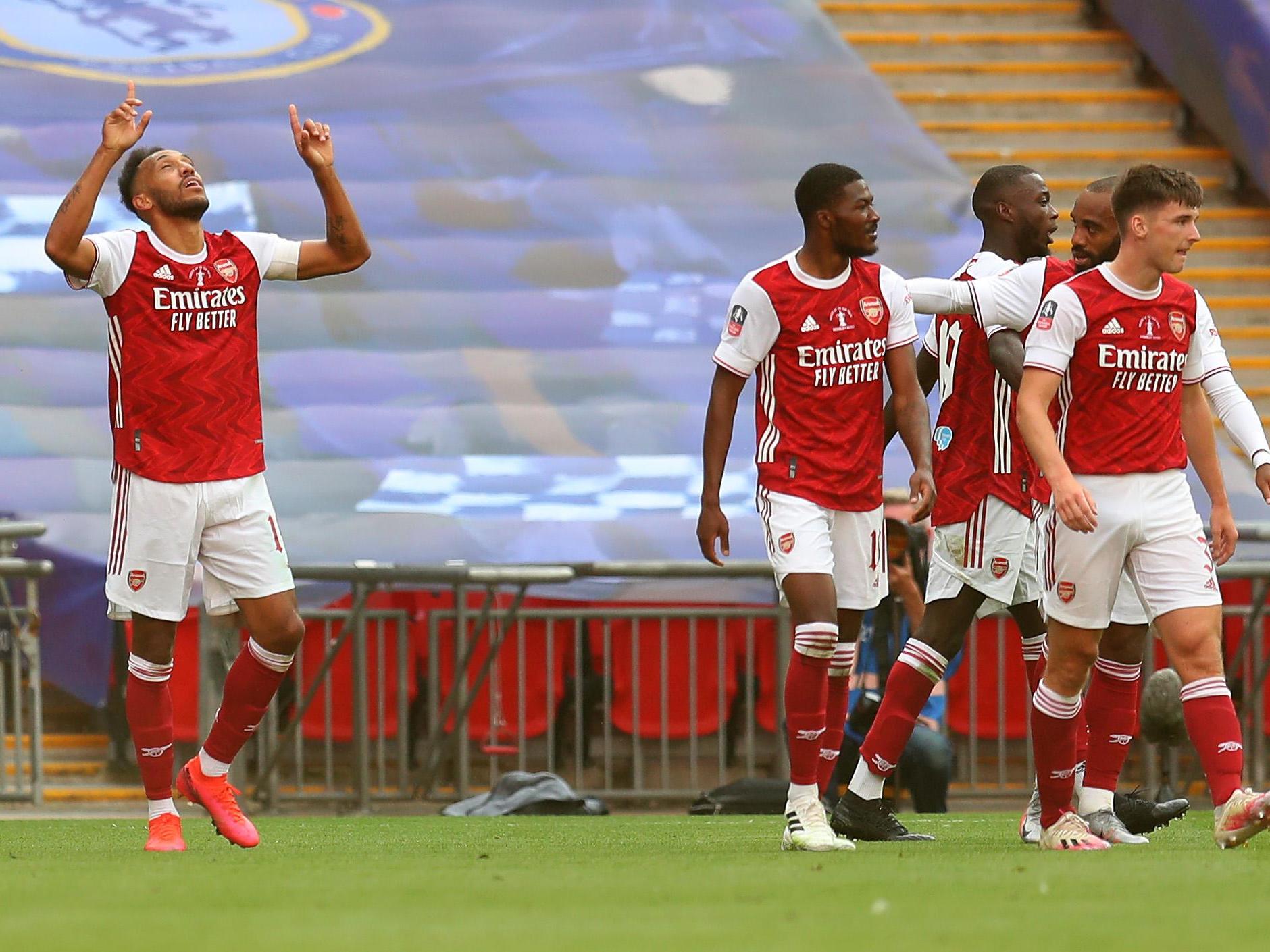 Pierre-Emerick Aubameyang of Arsenal celebrates scoring at Wembley