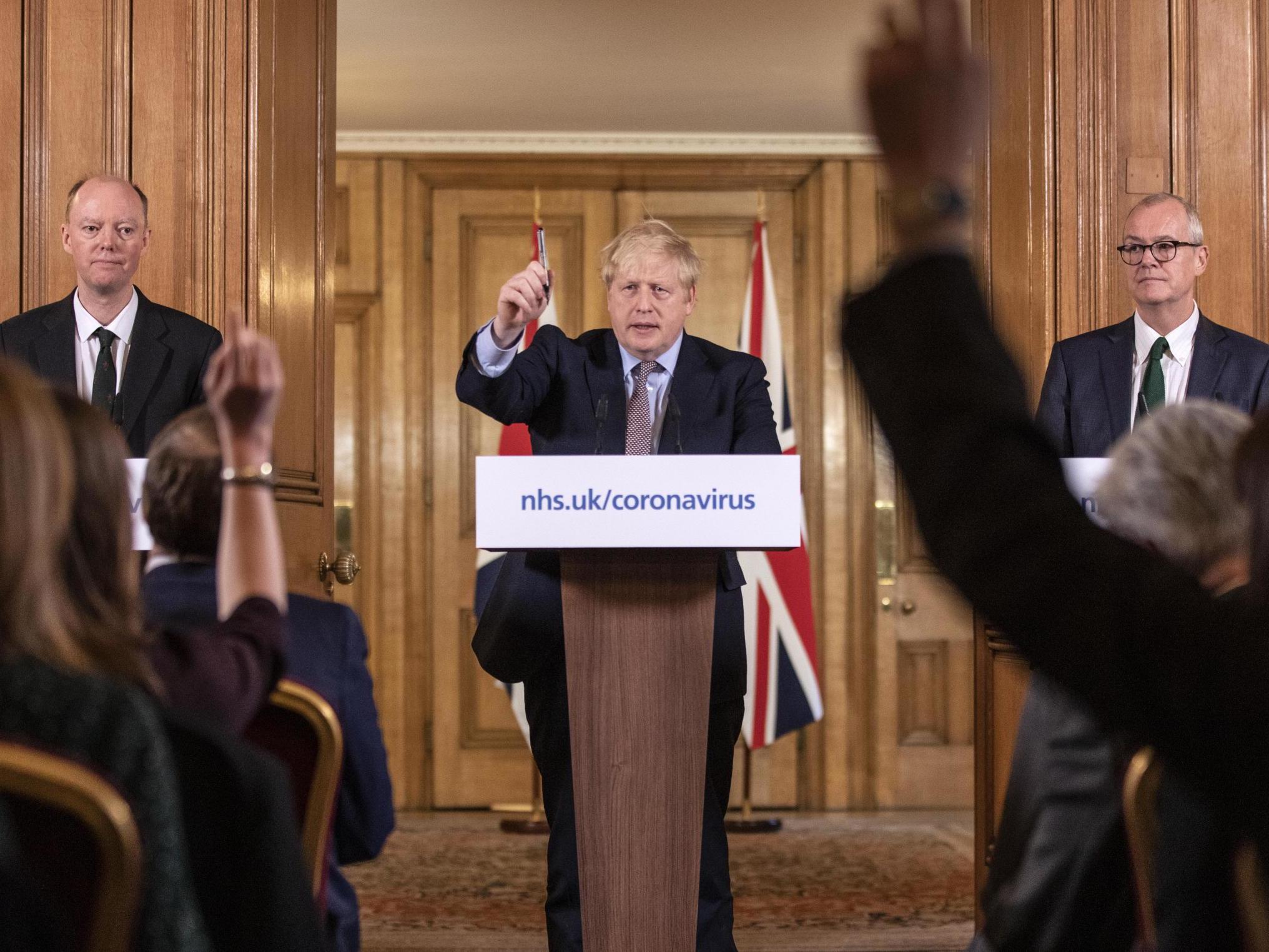 Chris Whitty, Boris Johnson and Patrick Vallance deliver a press conference on coronavirus at the start of the pandemic