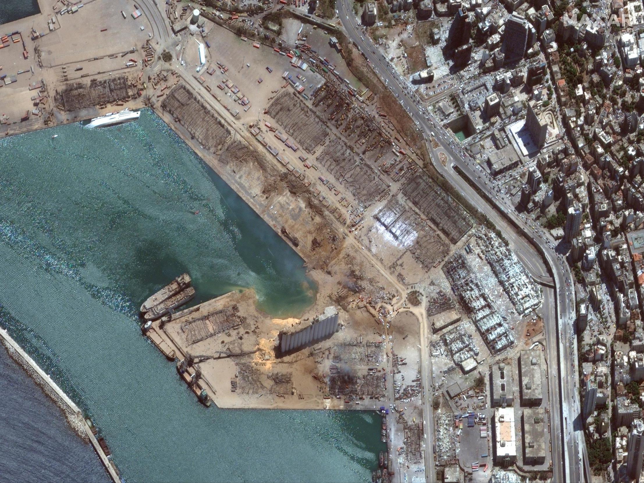 A satellite image shows the port of Beirut after the explosion