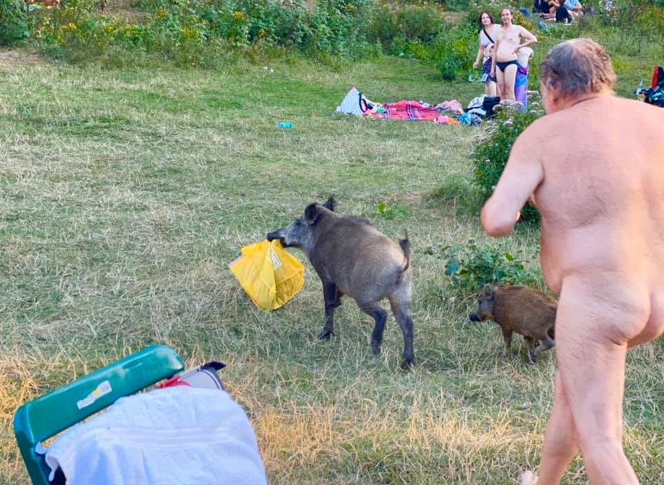 Amused sunbathers look on as the man gives chase