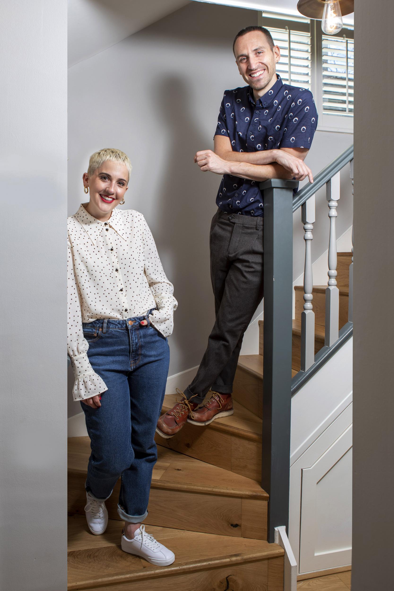 Harriet is wearing a Baum und Pferdgarten blouse, Samsøe Samsøe jeans and Superga trainers. Ryan is wearing a Libertine Libertine striped top and 01.Algo trousers