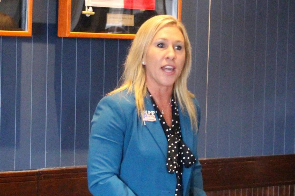 Republican Marjorie Taylor Greene speaks to a GOP women's group in Rome, Georgia