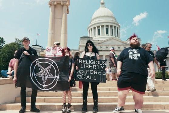 A still from the documentary ‘Hail Satan?’ showing supporters of the Satanic Temple at a rally for religious liberty in Little Rock, Arkansas