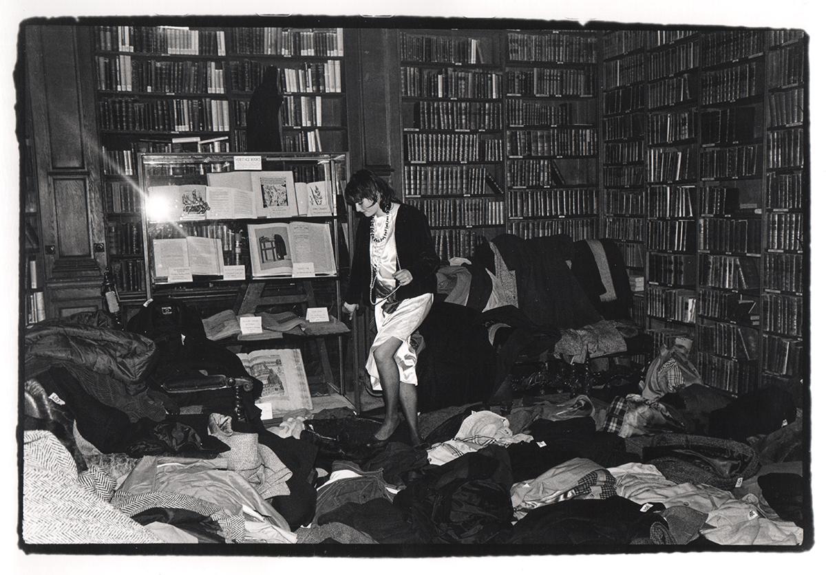 Georgia Metcalfe looking for her coat. Valentine Ball, Oxford Union. 1984