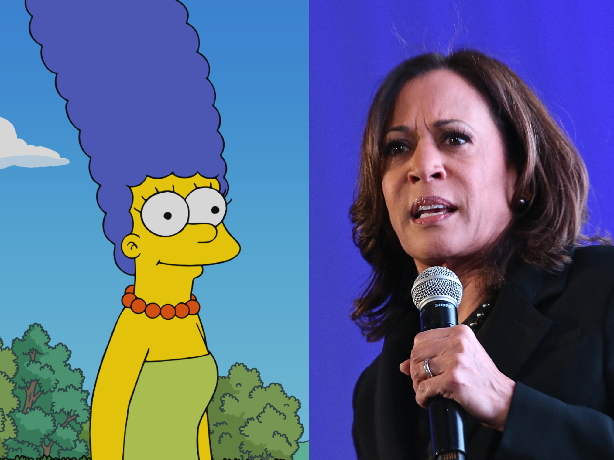 Marge Simpson (left) and Democratic VP candidate Kamala Harris (right)