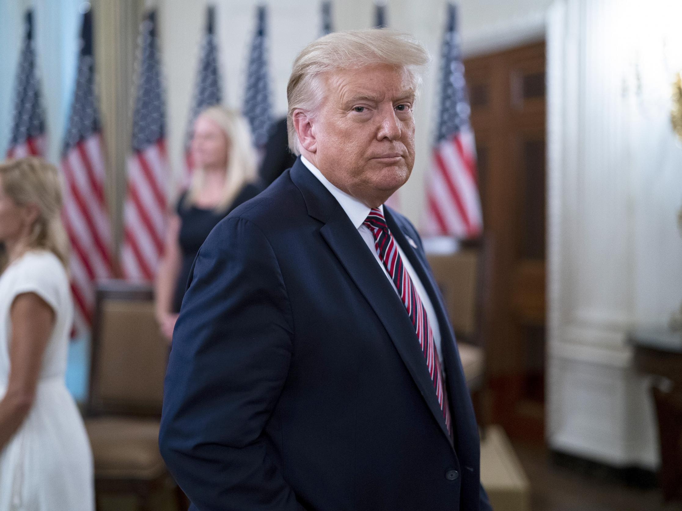 US president Donald Trump departs an event titled “Kids First: Getting America’s Children Safely Back to School” 12 August 2020 in the State Dining Room at the White House in Washington, DC