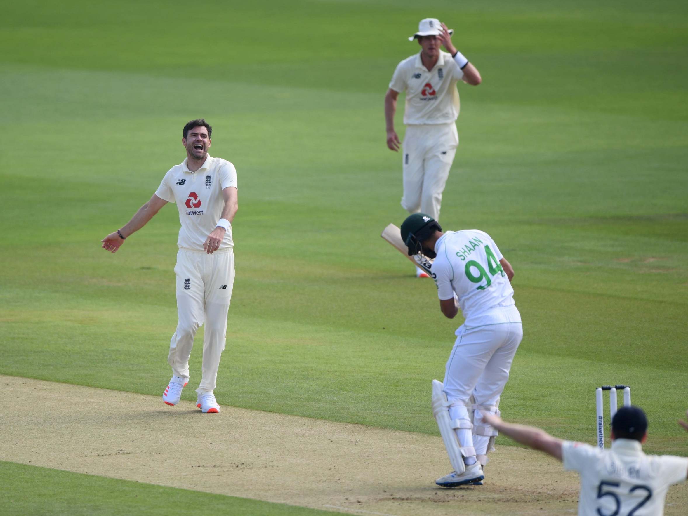 James Anderson celebrates taking the wicket of Pakistan's Shan Masood lbw