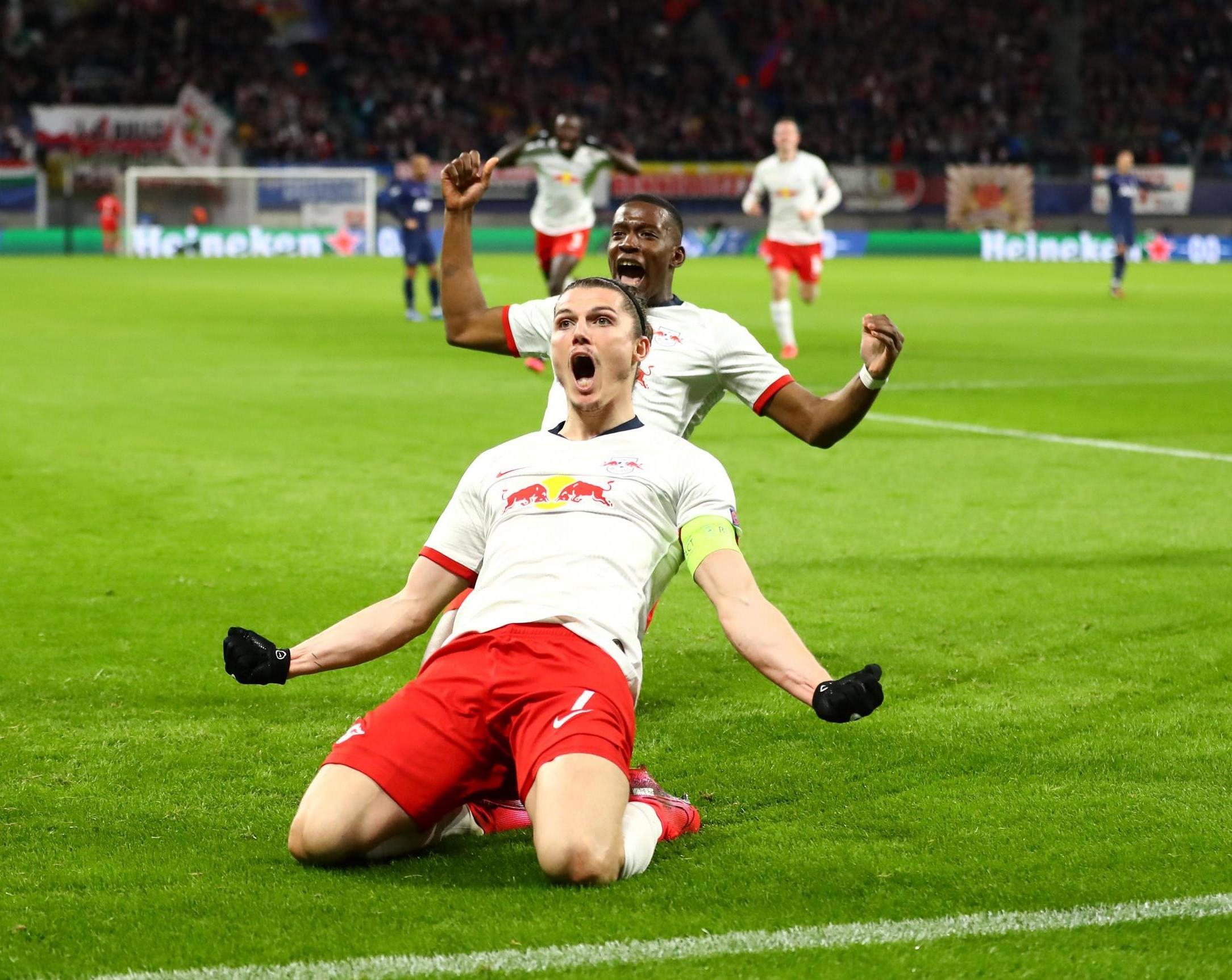 RB Leipzig captain Marcel Sabitzer celebrates scoring against Tottenham