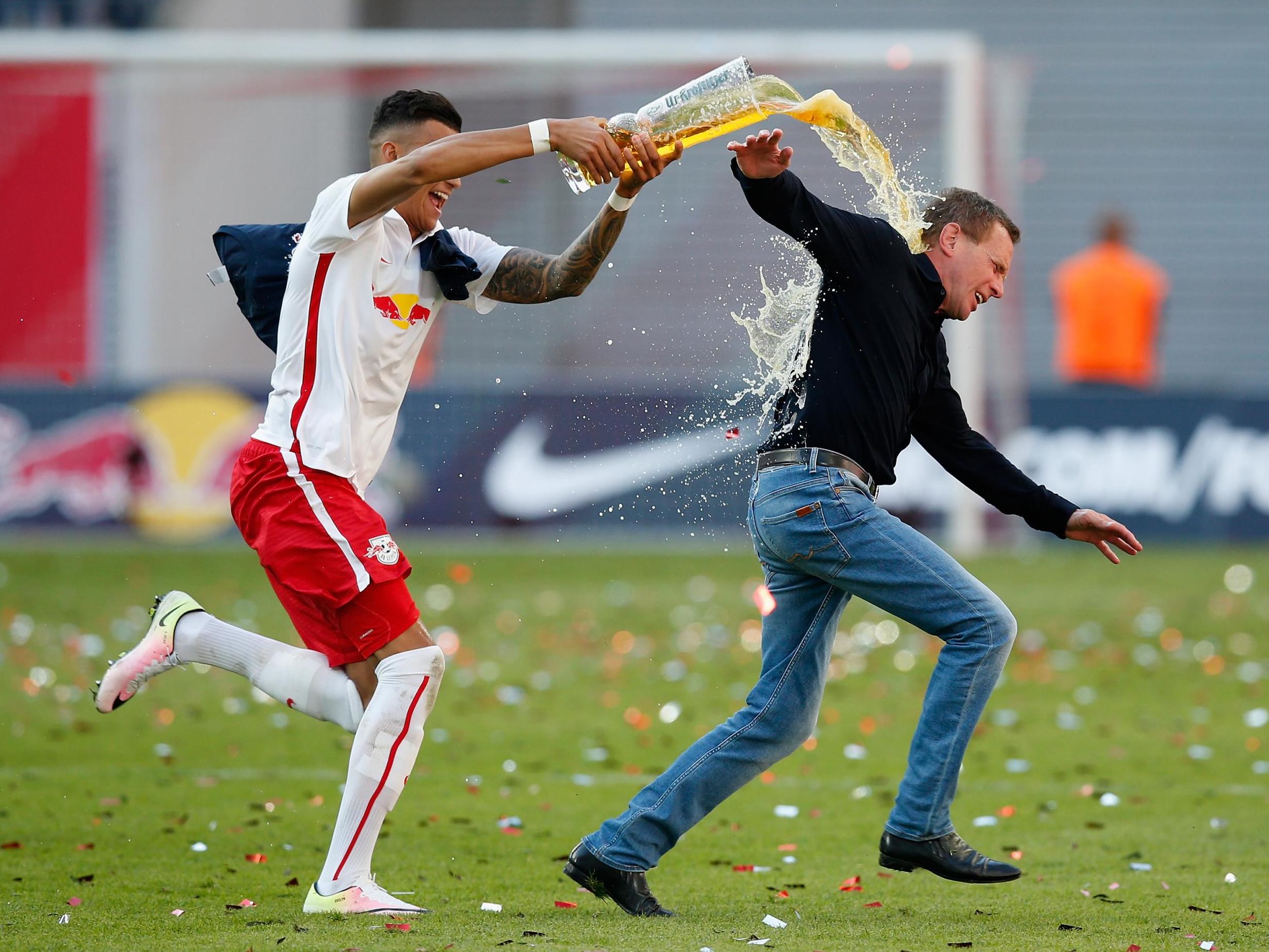 RB Leipzig celebrate winning promotion to the Bundesliga under Ralf Rangnick in 2016