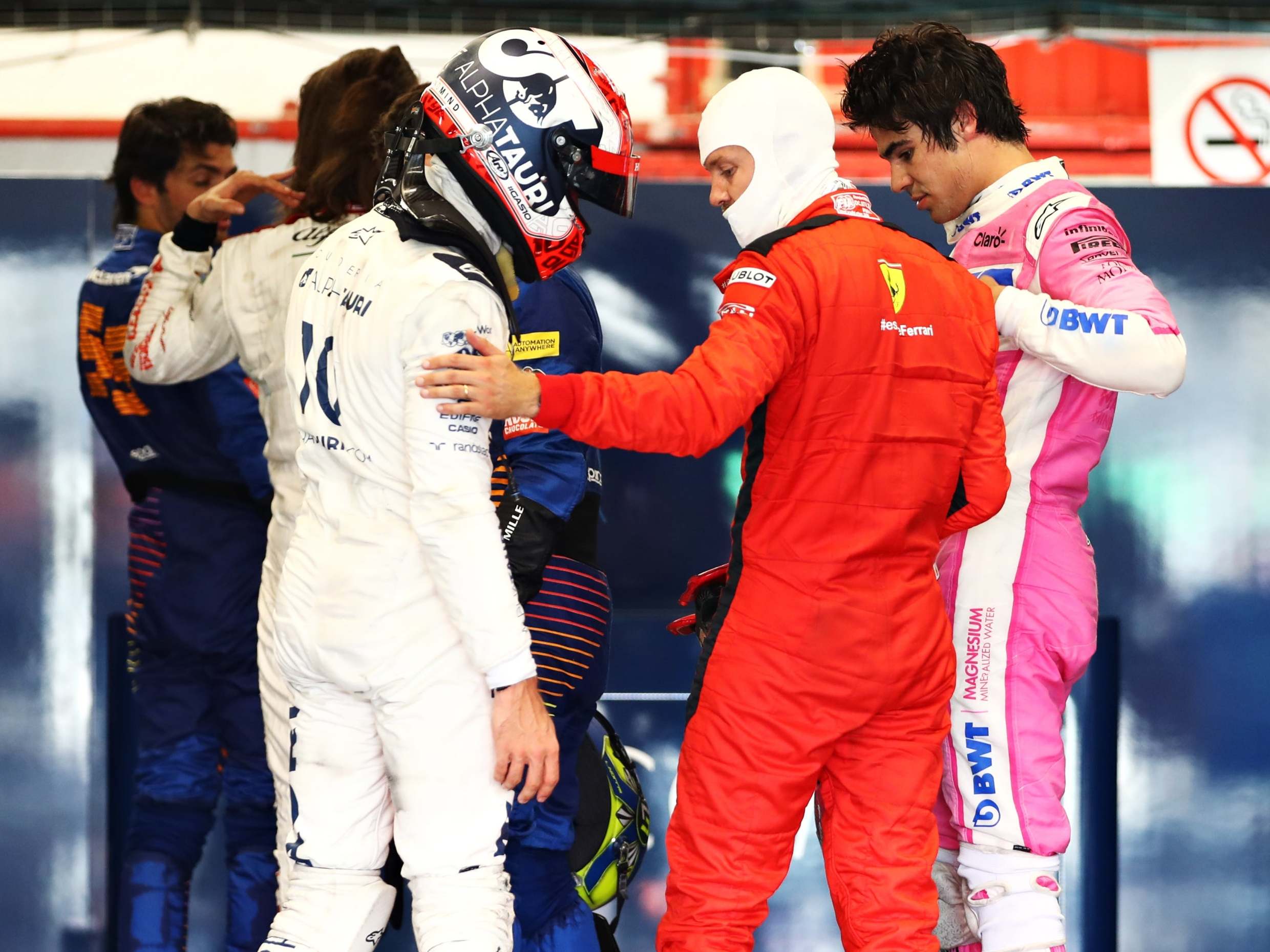 Pierre Gasly is congratulated by Sebastian Vettel after the Spanish Grand Prix