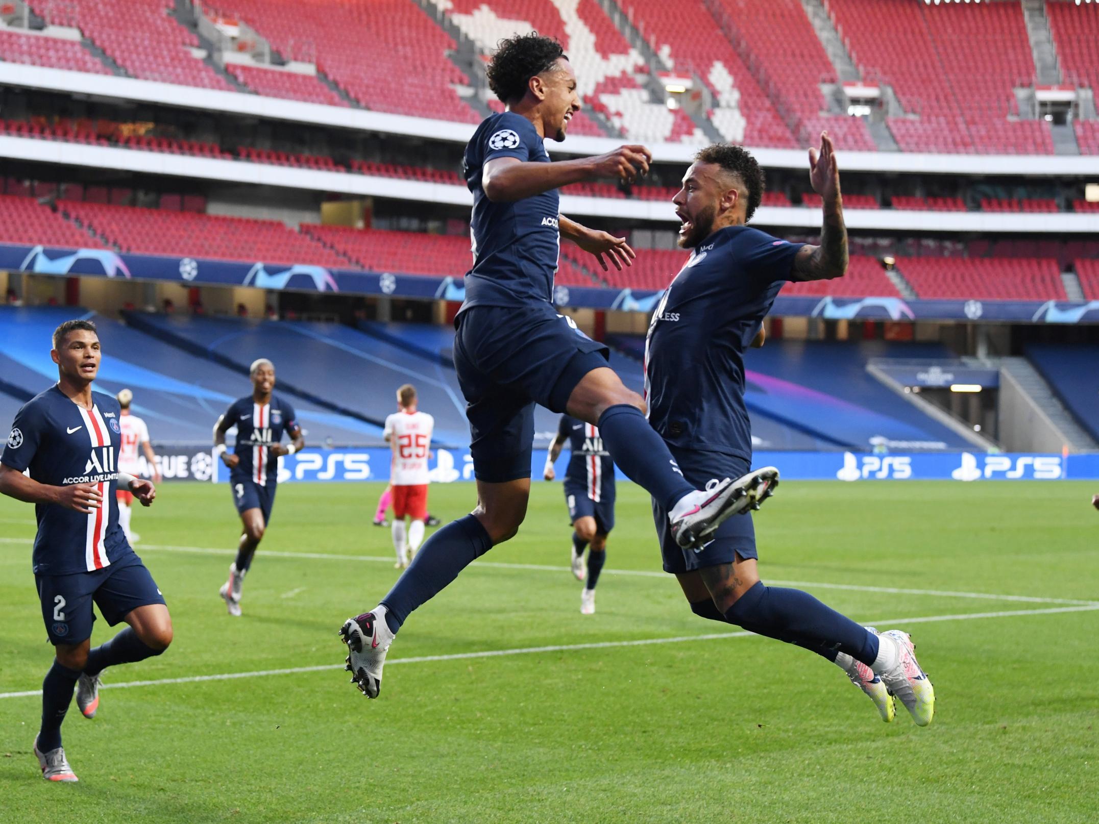 Paris St Germain's Marquinhos celebrates scoring