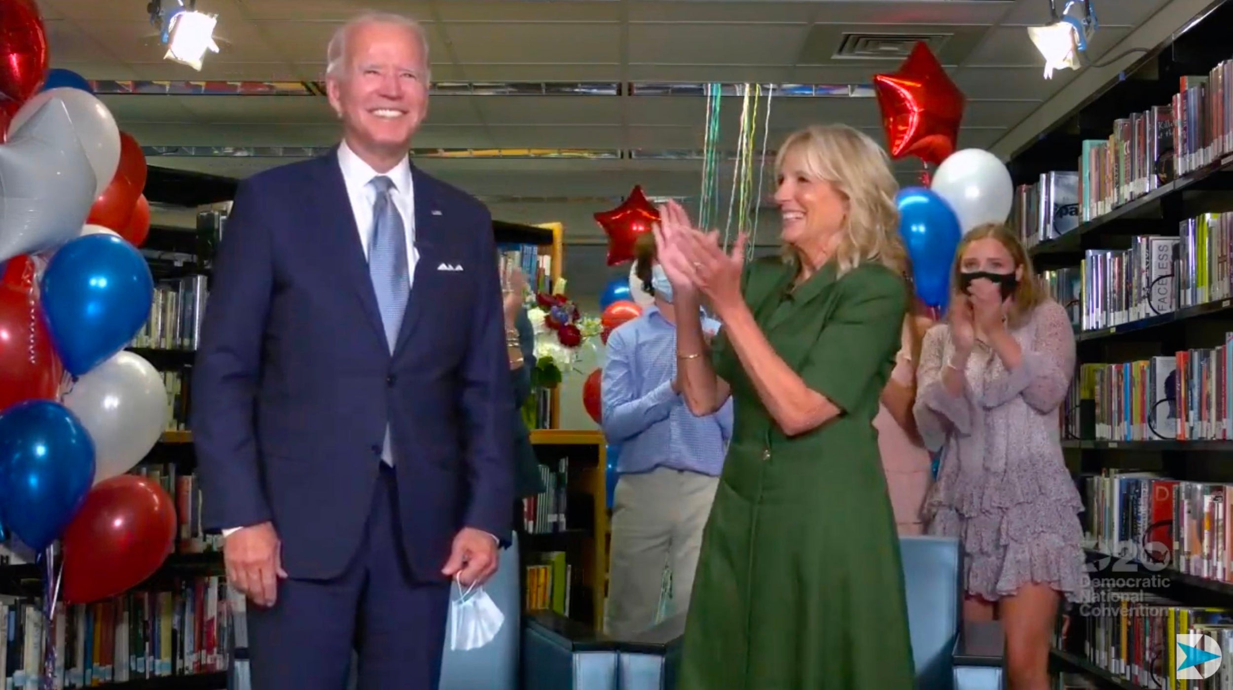 Joe Biden is applauded by his wife Jill and family members after being officially nominated as the Democratic presidential candidate at the DNC on 18 August, 2020