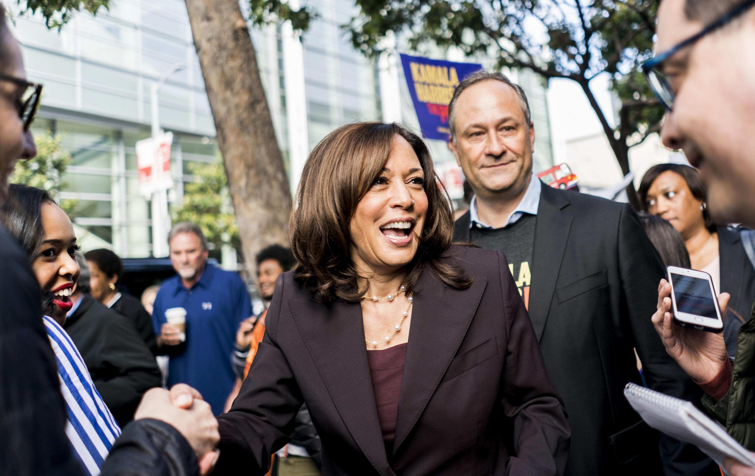 Supporters greet Harris and Emhoff outside the California Democratic Party’s convention in San Francisco