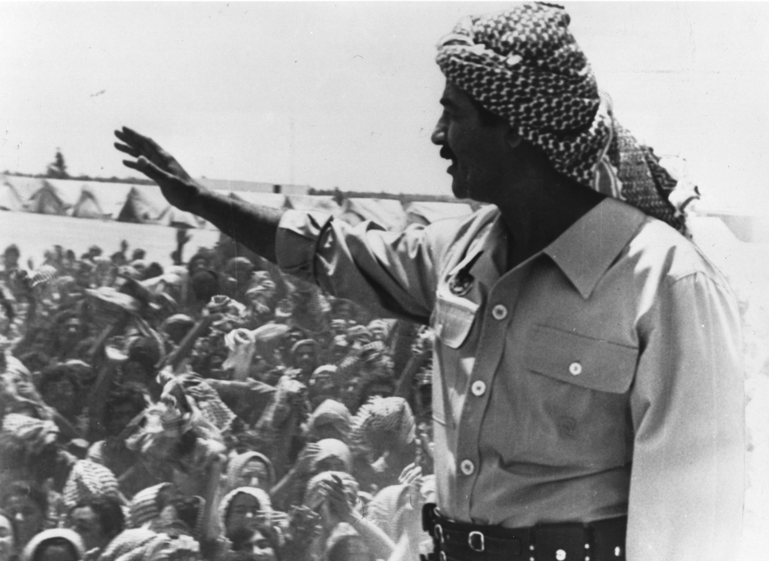 &#13;
Saddam Hussein addresses members of his forces before the invasion of Iran in September 1980 &#13;