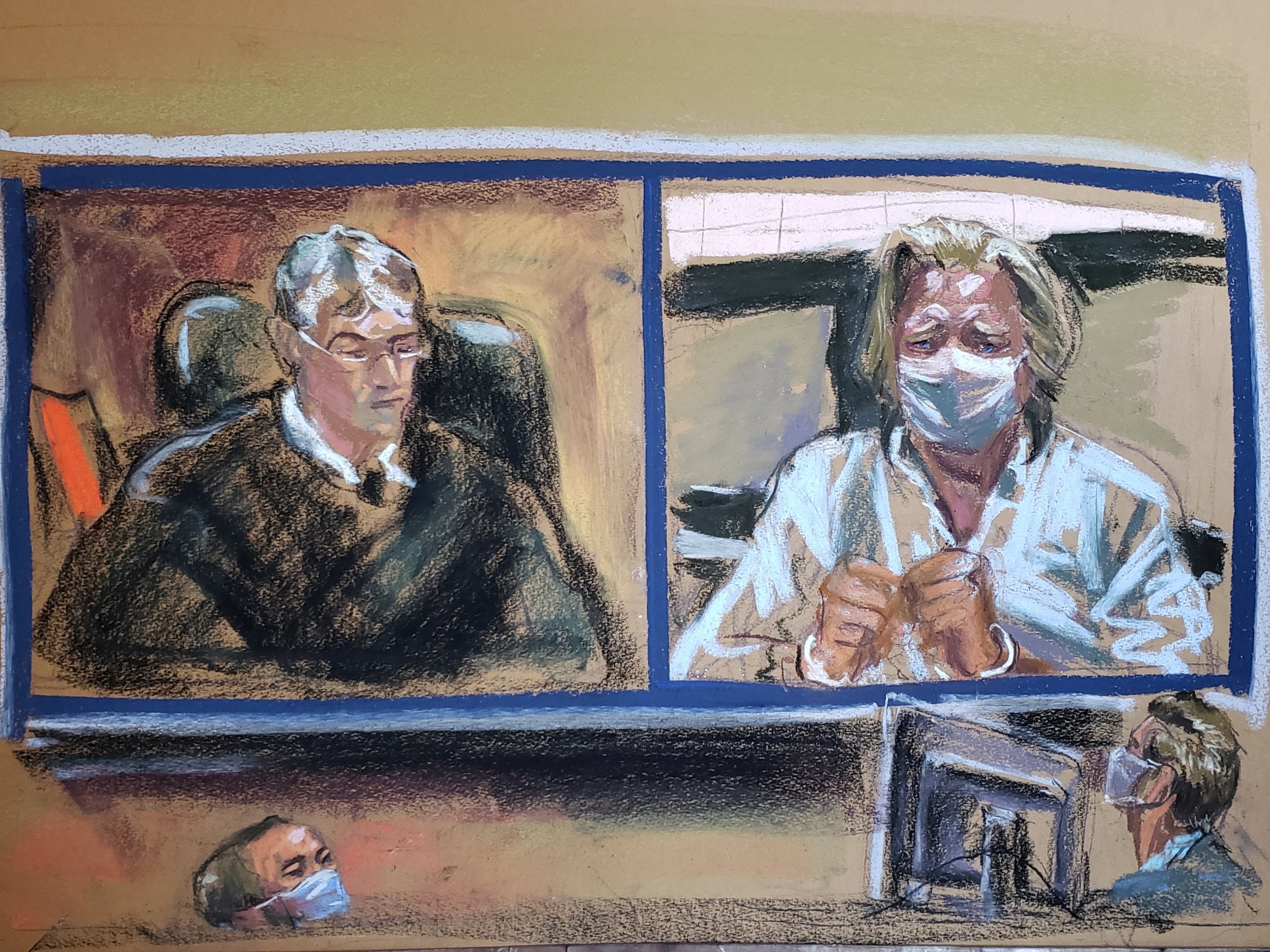 Artist's sketch showing former White House Chief Strategist Steve Bannon listening to Judge Stewart Aaron as he appears on video during his arraignment hearing for conspiracy to commit wire fraud and conspiracy to commit money laundering inside Manhattan Federal Court in the Manhattan borough of New York City on 20 August, 2020