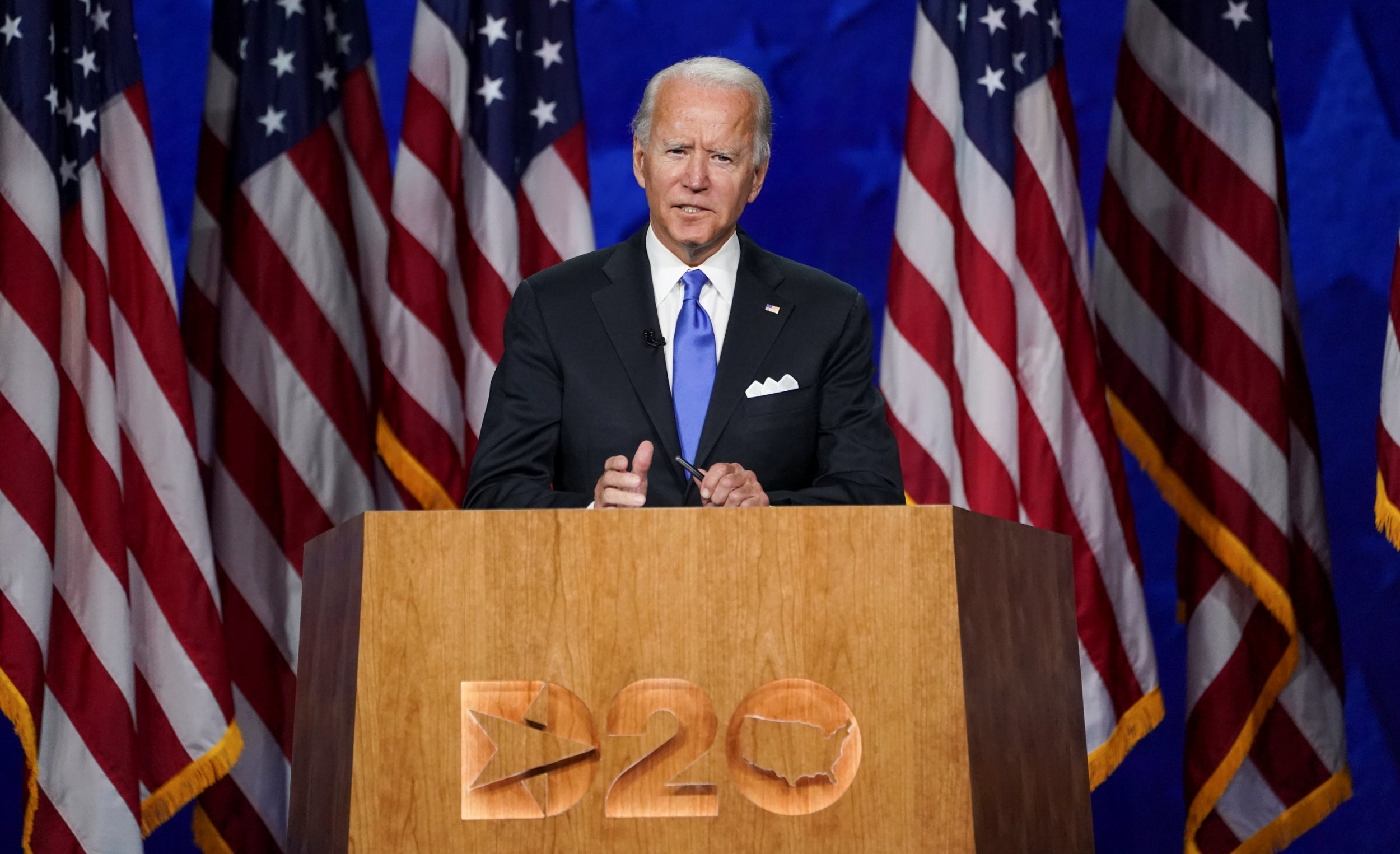 Joe Biden accepts the nomination to be the Democratic presidential candidate at the DNC on 20 August, 2020 (Reuters)