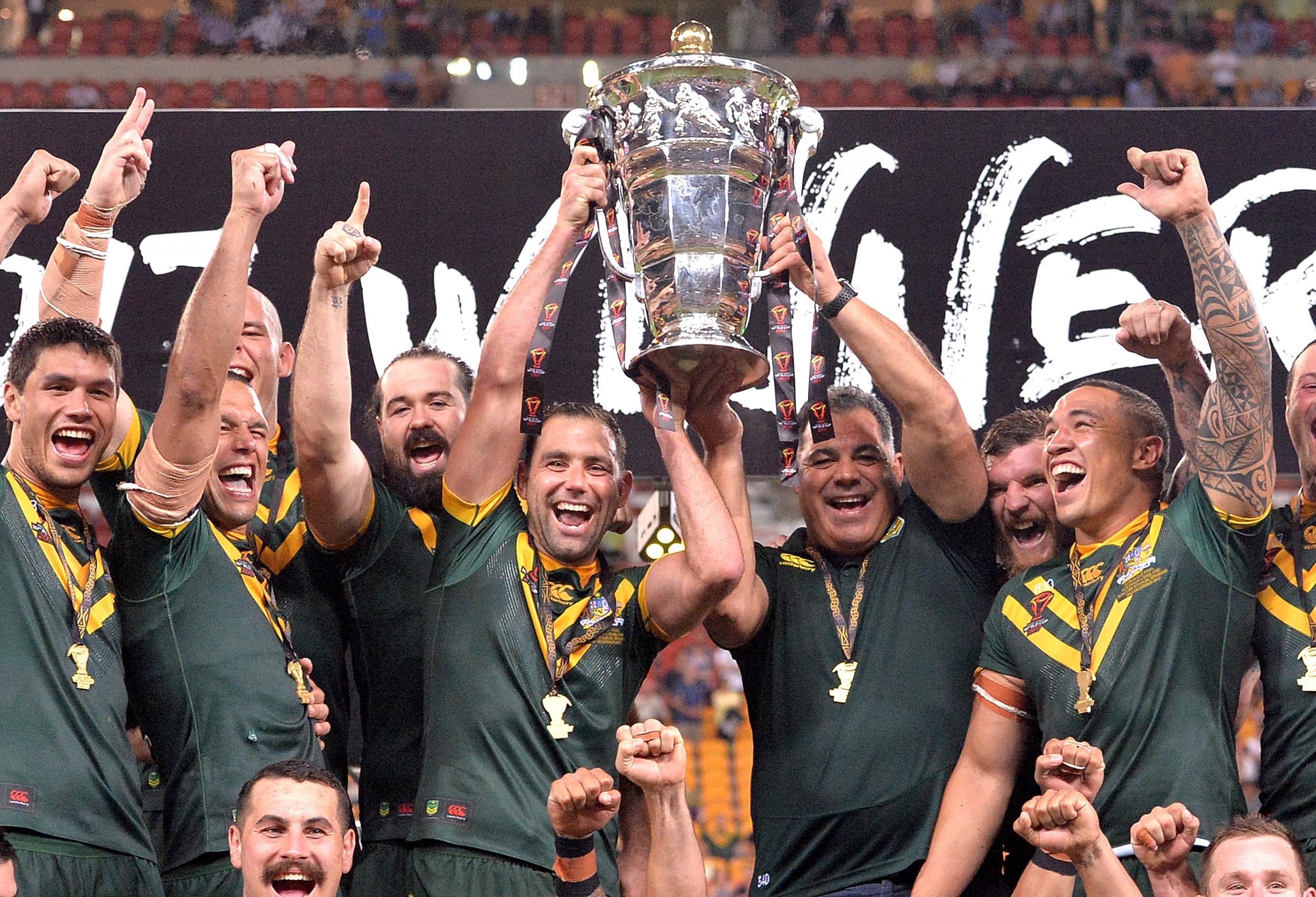 The Australian Kangaroos celebrate victory over England in the 2017 Rugby League World Cup final