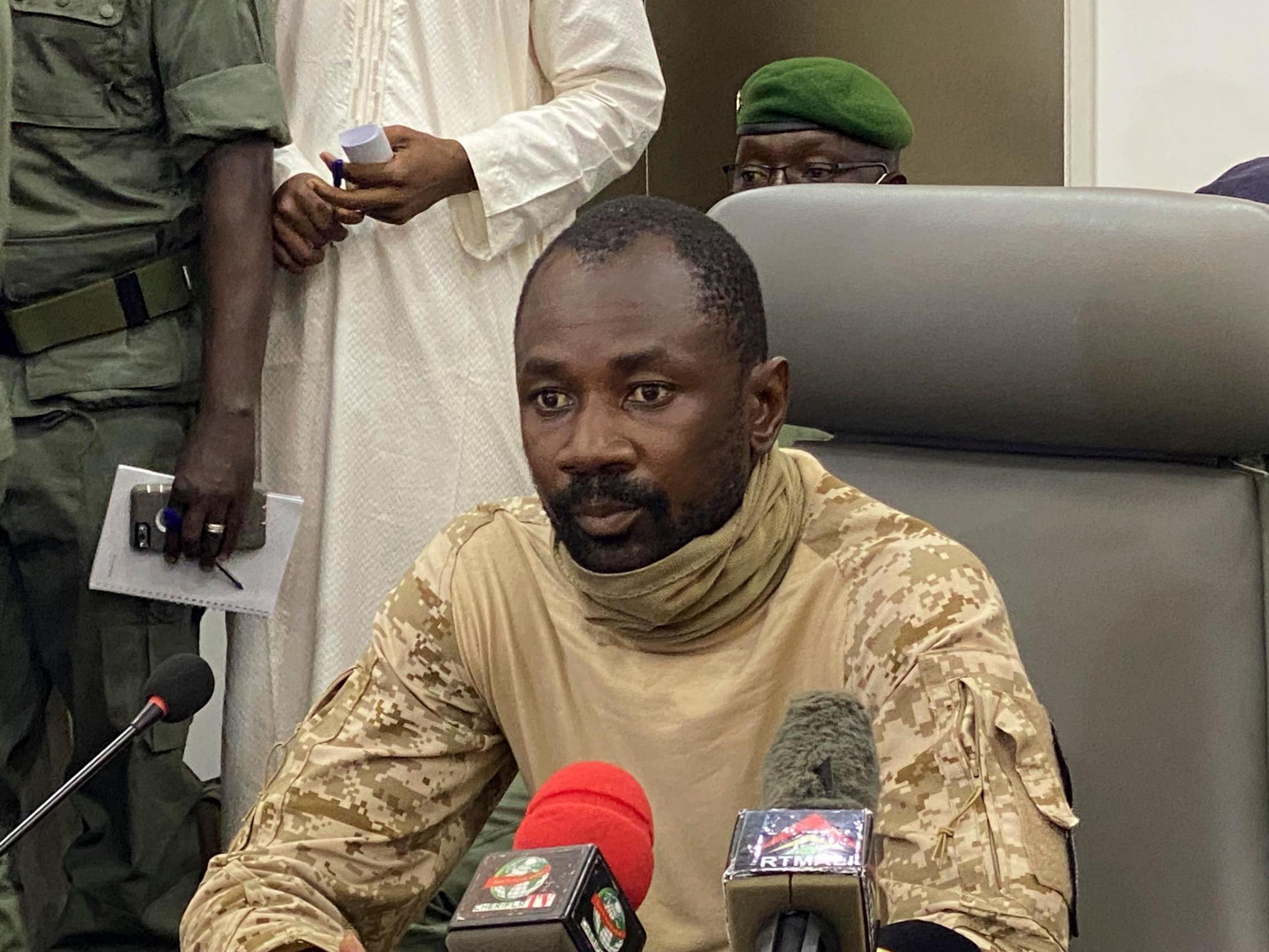 Colonel Assimi Goita speaks to the press at the Malian Ministry of Defence in Bamako, Mali, on Wednesday