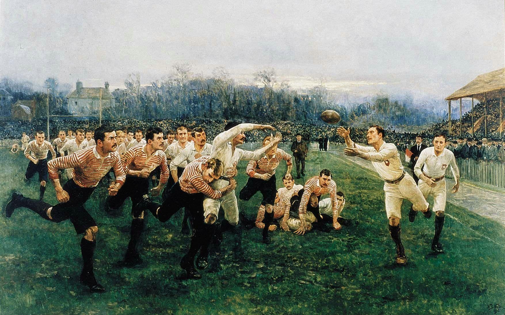 'The Battle of the Roses' by William Barnes Wollen in 1893.Yorkshire are in the all-white strip. Lancashire wear the red and white hooped jerseys