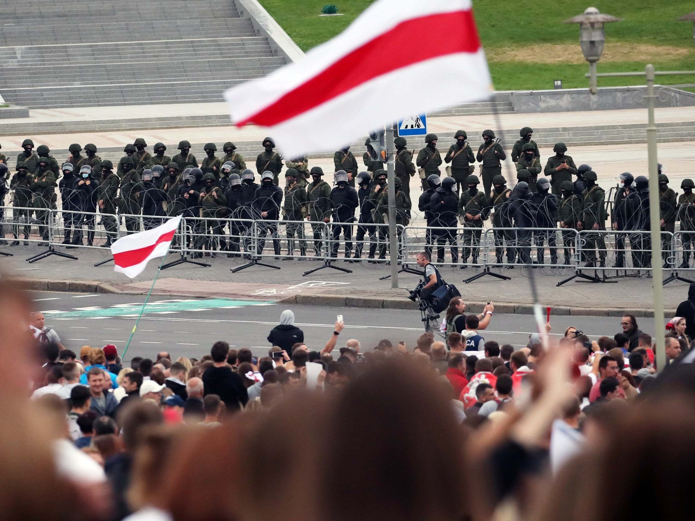 Lines of troops appeared at various points in central Minsk during Sunday’s protests