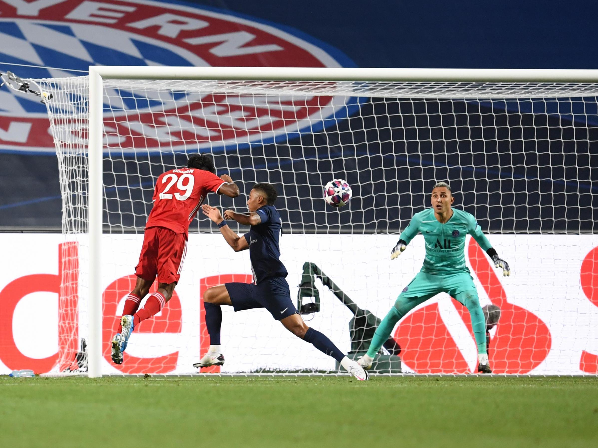 Coman fires home a header across goal