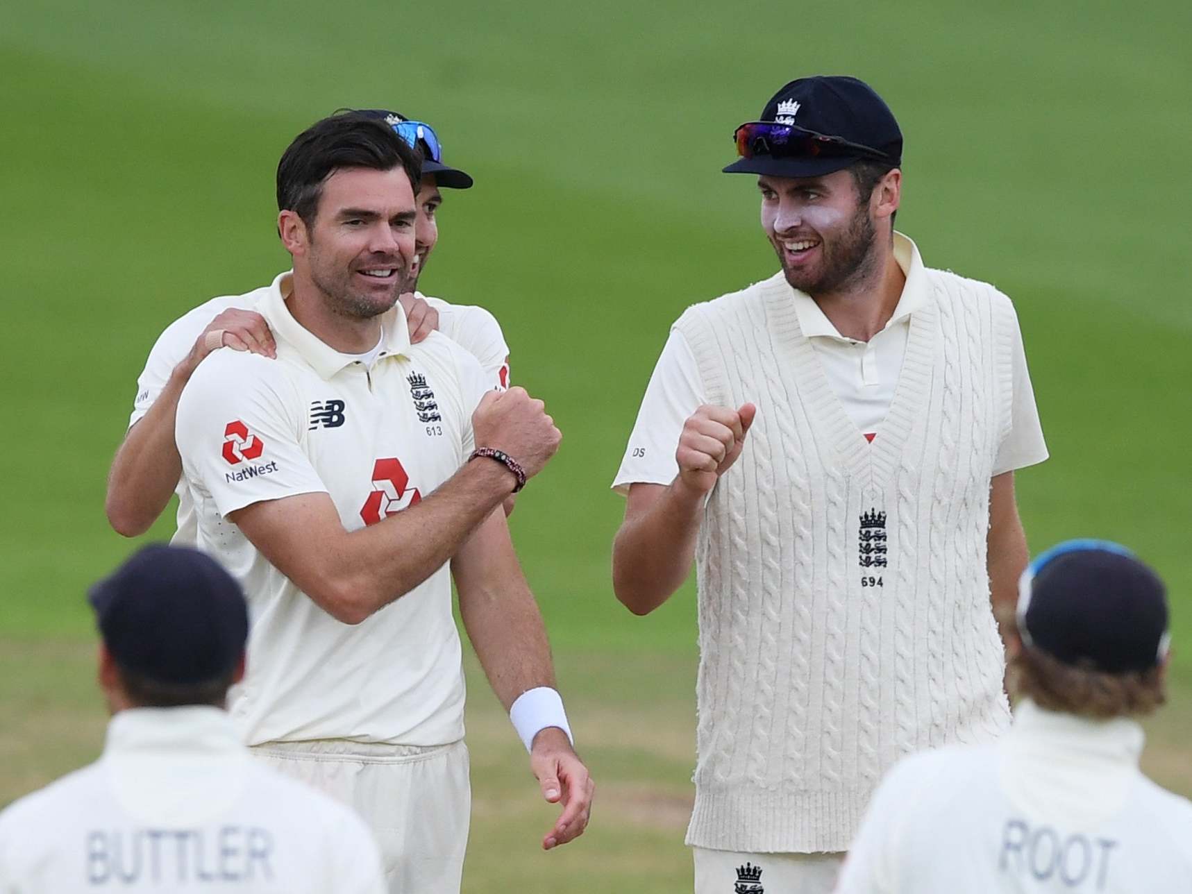 James Anderson celebrates taking his 599th Test wicket