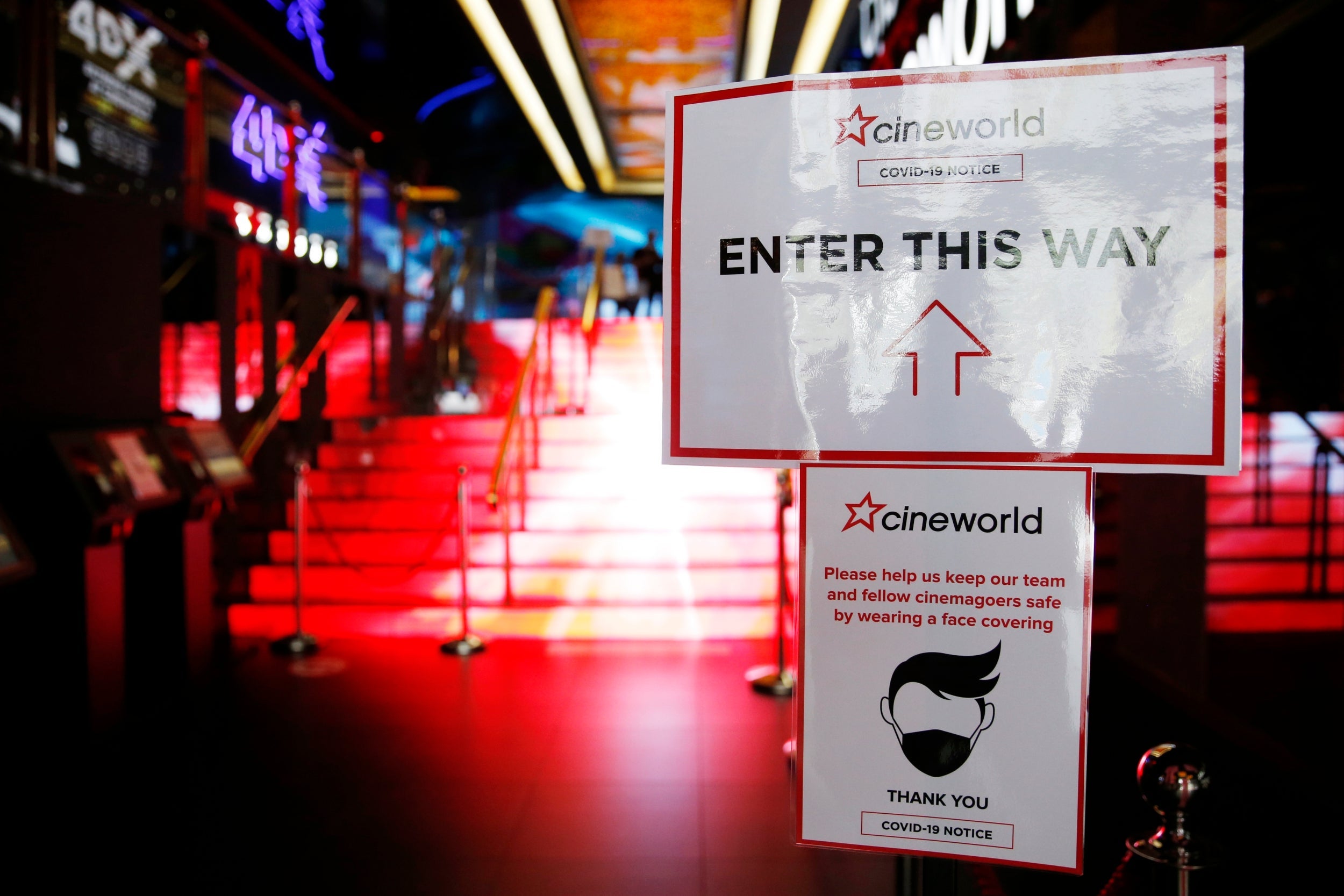 Covid-19 notices warning moviegoers about compulsory mask-wearing at Cineworld in Leicester Square