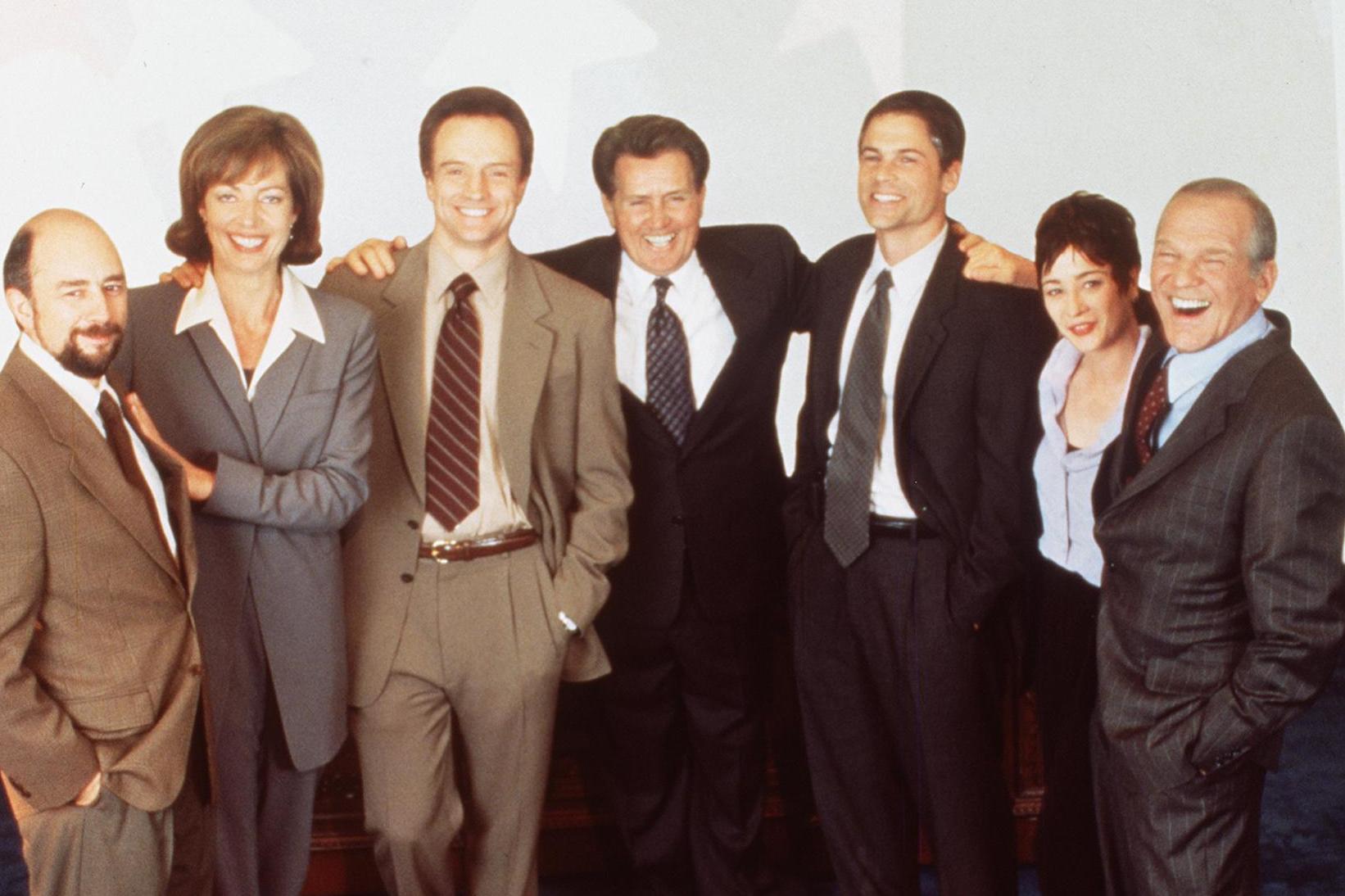 The cast of ‘The West Wing’: from left to right, Richard Schiff, Allison Janney, Bradley Whitford, Martin Sheen, Rob Lowe, Moira Kelly, and John Spencer.