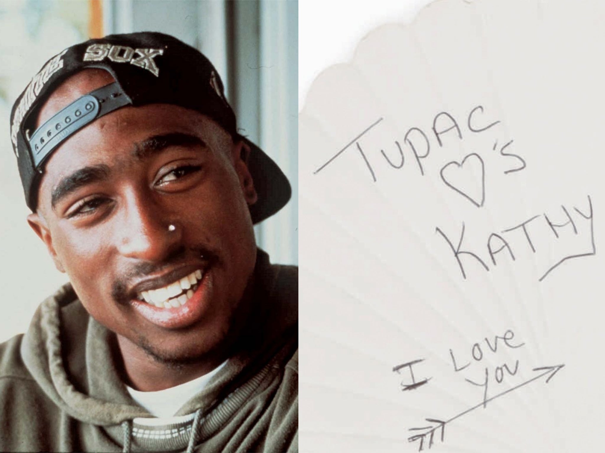 Tupac Shakur in 1997’s ‘Gridlock’d’, and a close-up of one of his teenage love letters (Gramercy Pictures/Reuters/Sotheby’s)