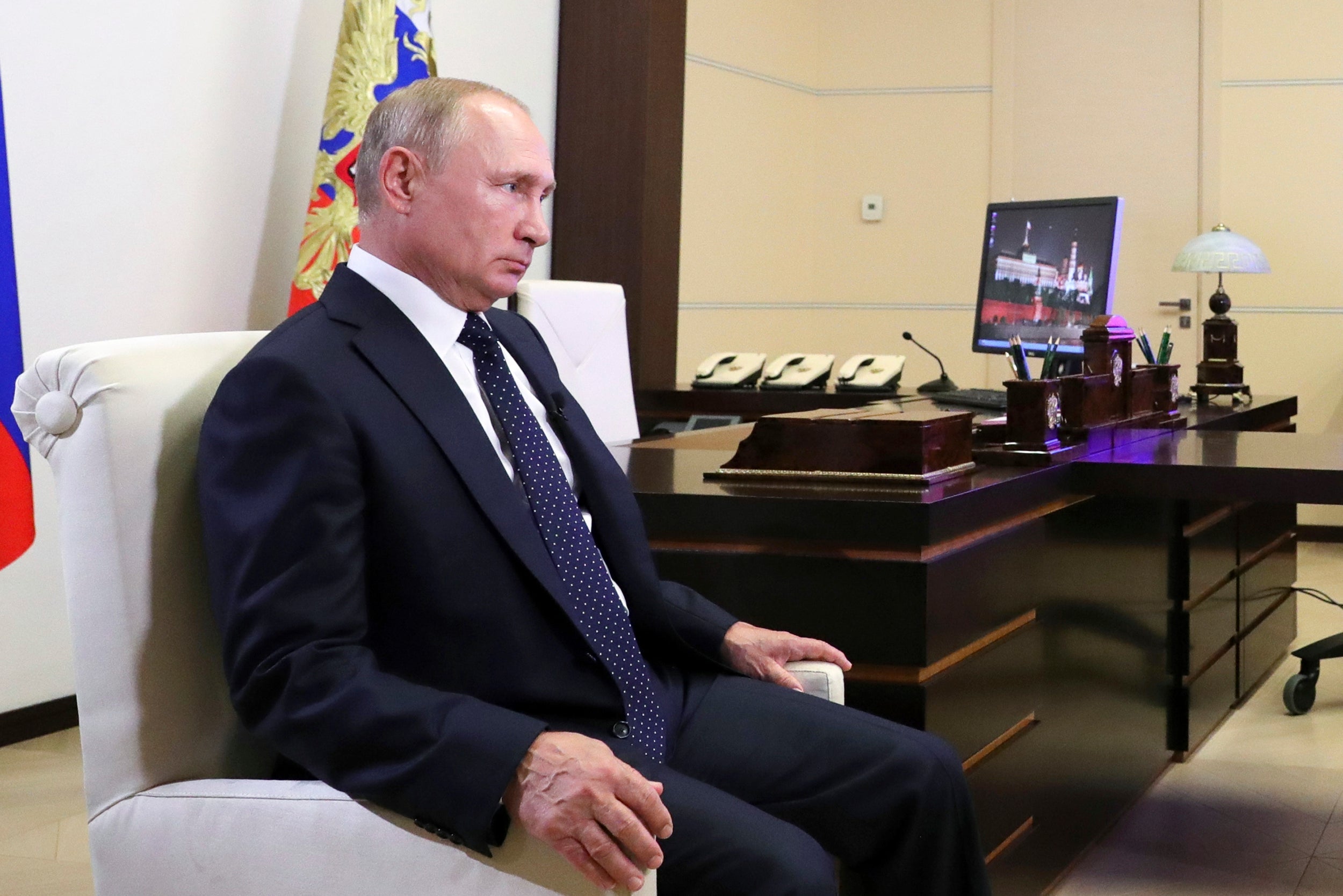 Vladimir Putin gives an interview to state media at the Novo-Ogaryovo residence outside Moscow