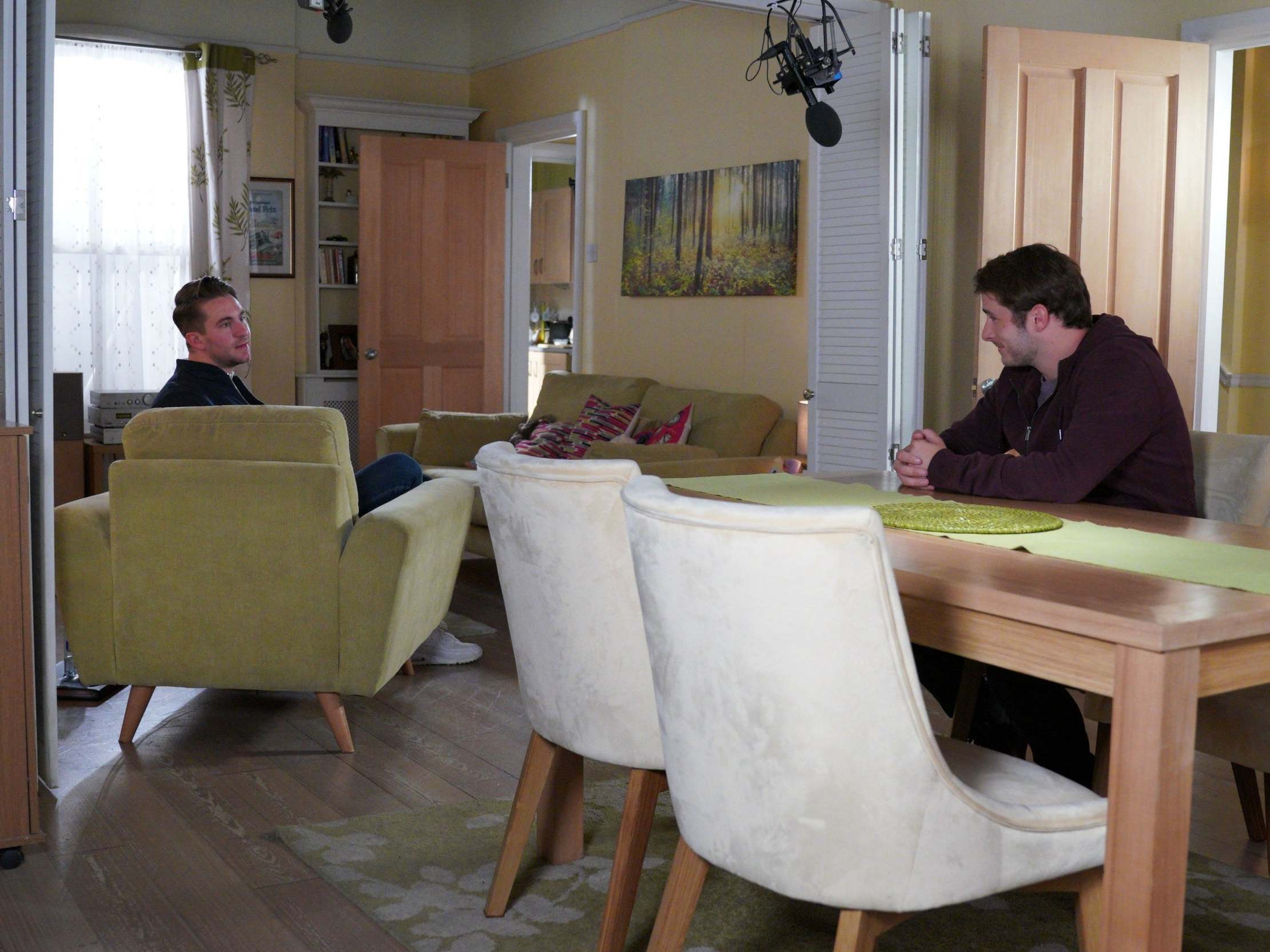 Actors Tony Clay (left) and Max Bowden keep two metres apart