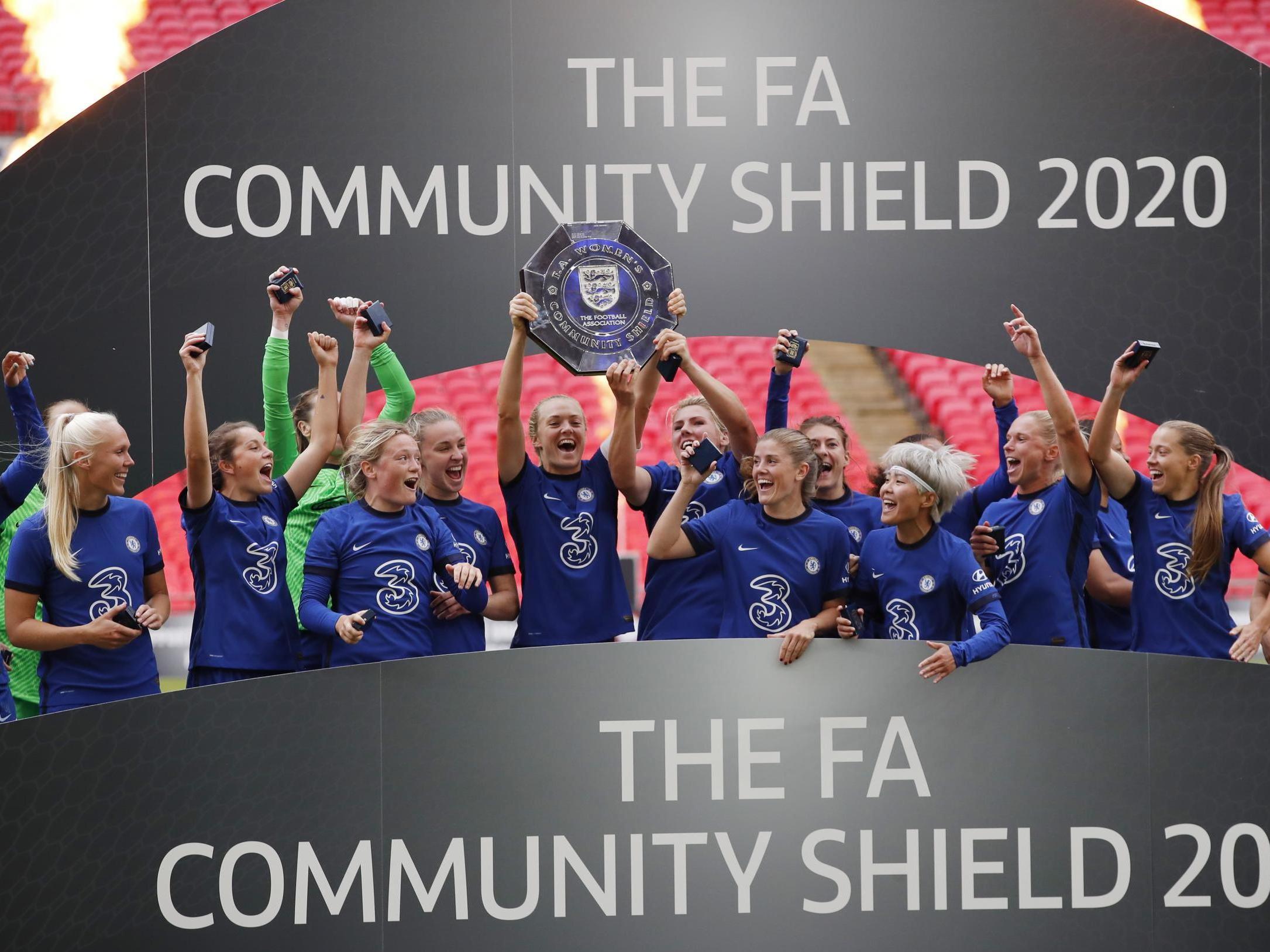 Chelsea celebrate their Community Shield victory over Manchester City at Wembley