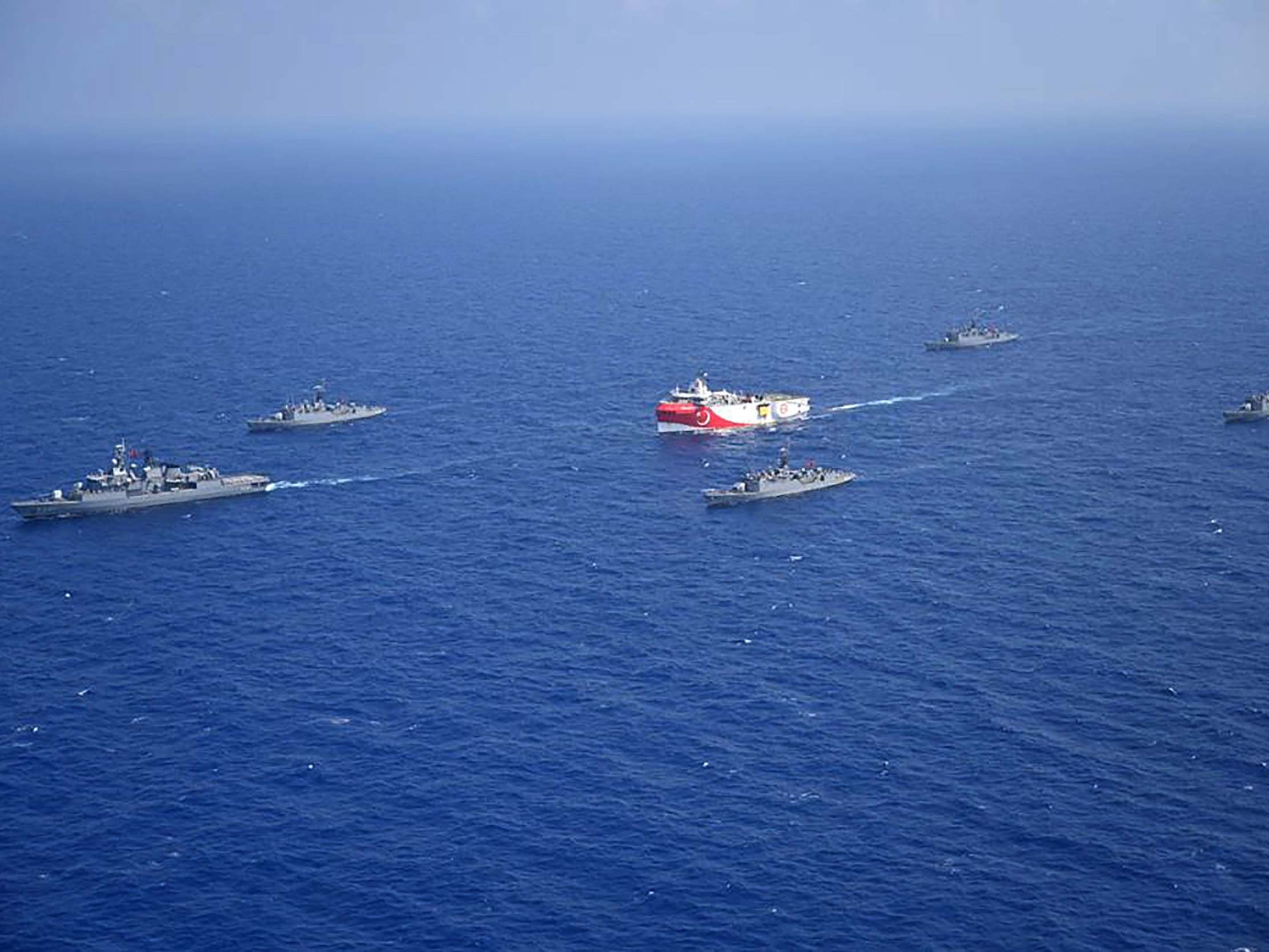 Turkish seismic research vessel 'Oruc Reis' as it is escorted by Turkish Naval ships in the Mediterranean Sea