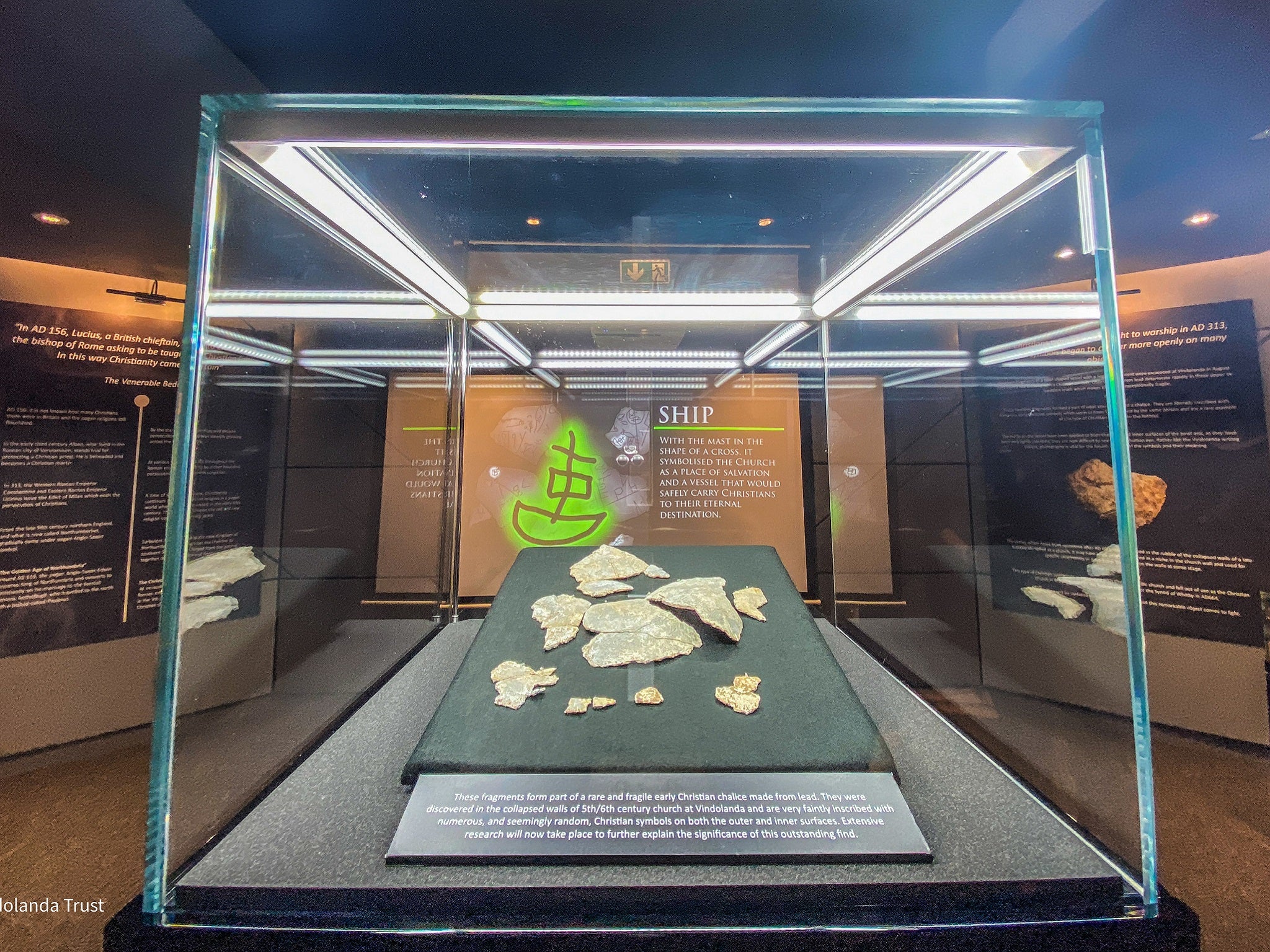 Fragments of a 5th-century chalice found etched with Christian iconography after it was unearthed at Vindolanda Roman fort near Hadrian's Wall in Northumberland.