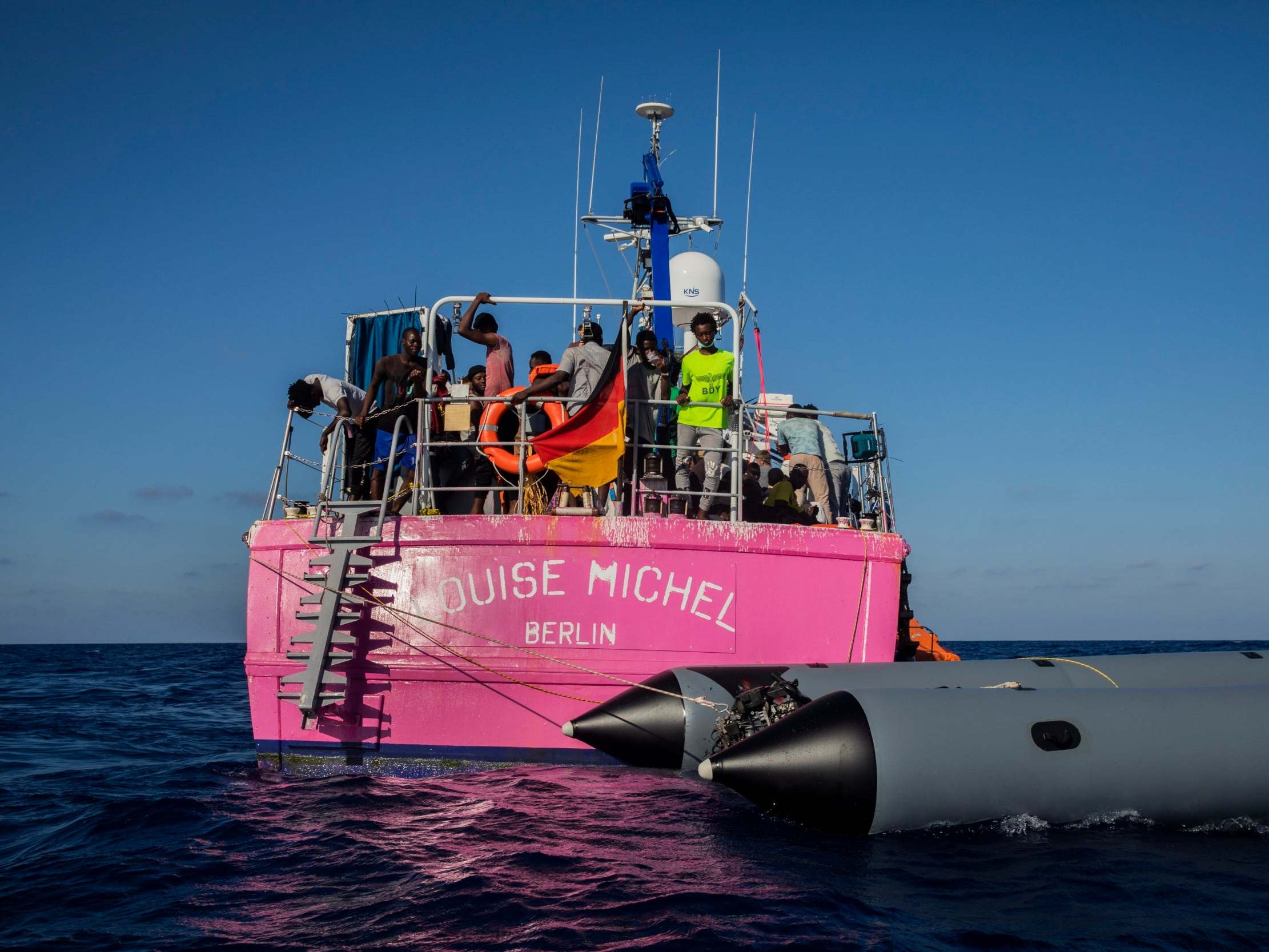 The ‘Louise Michel’ with people rescued on board in the Mediterranean Sea on Saturday