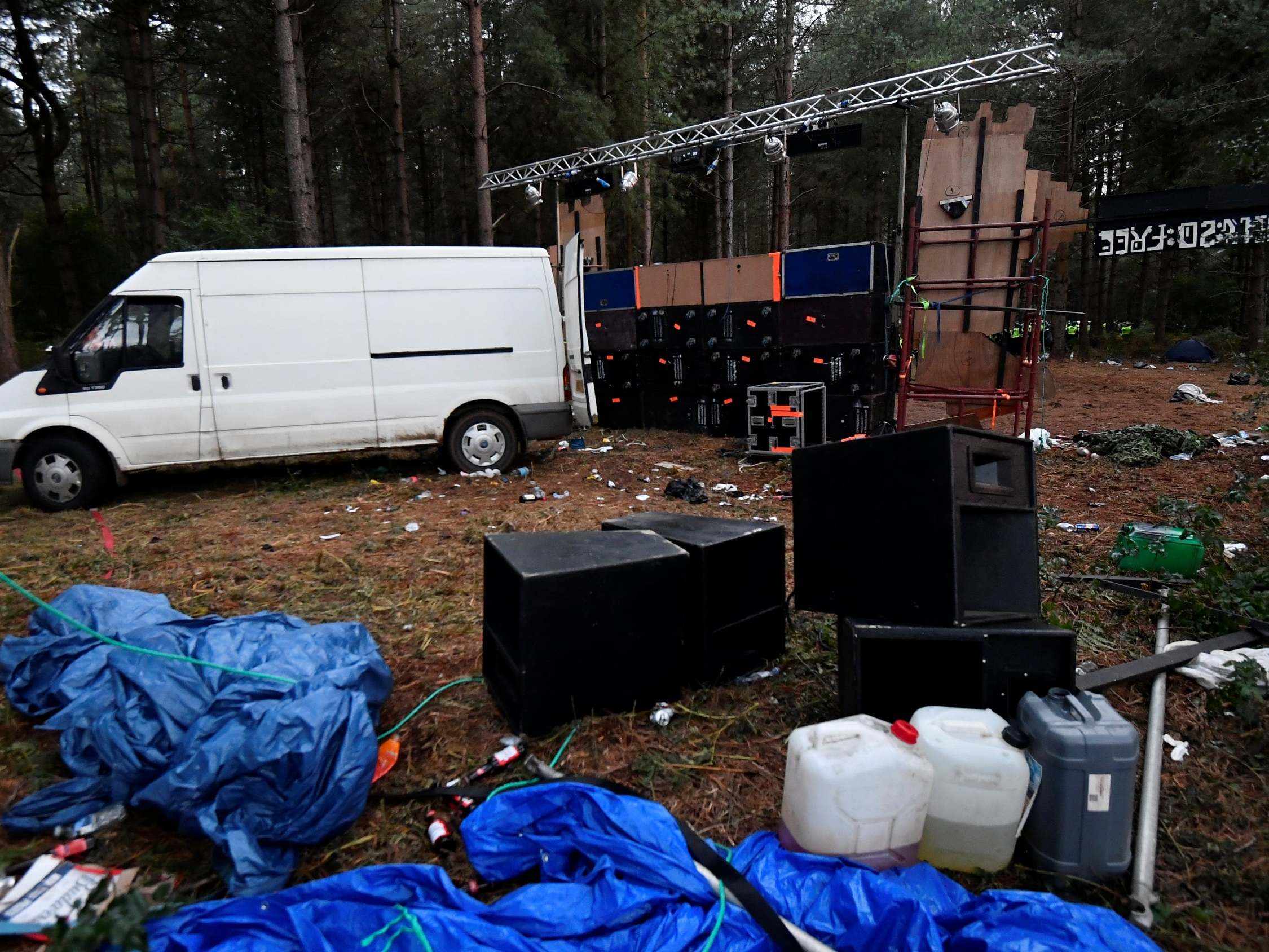 Equipment is seen at Thetford Forest, in Norfolk, after police shut down a suspected illegal rave, 30 August 2020.