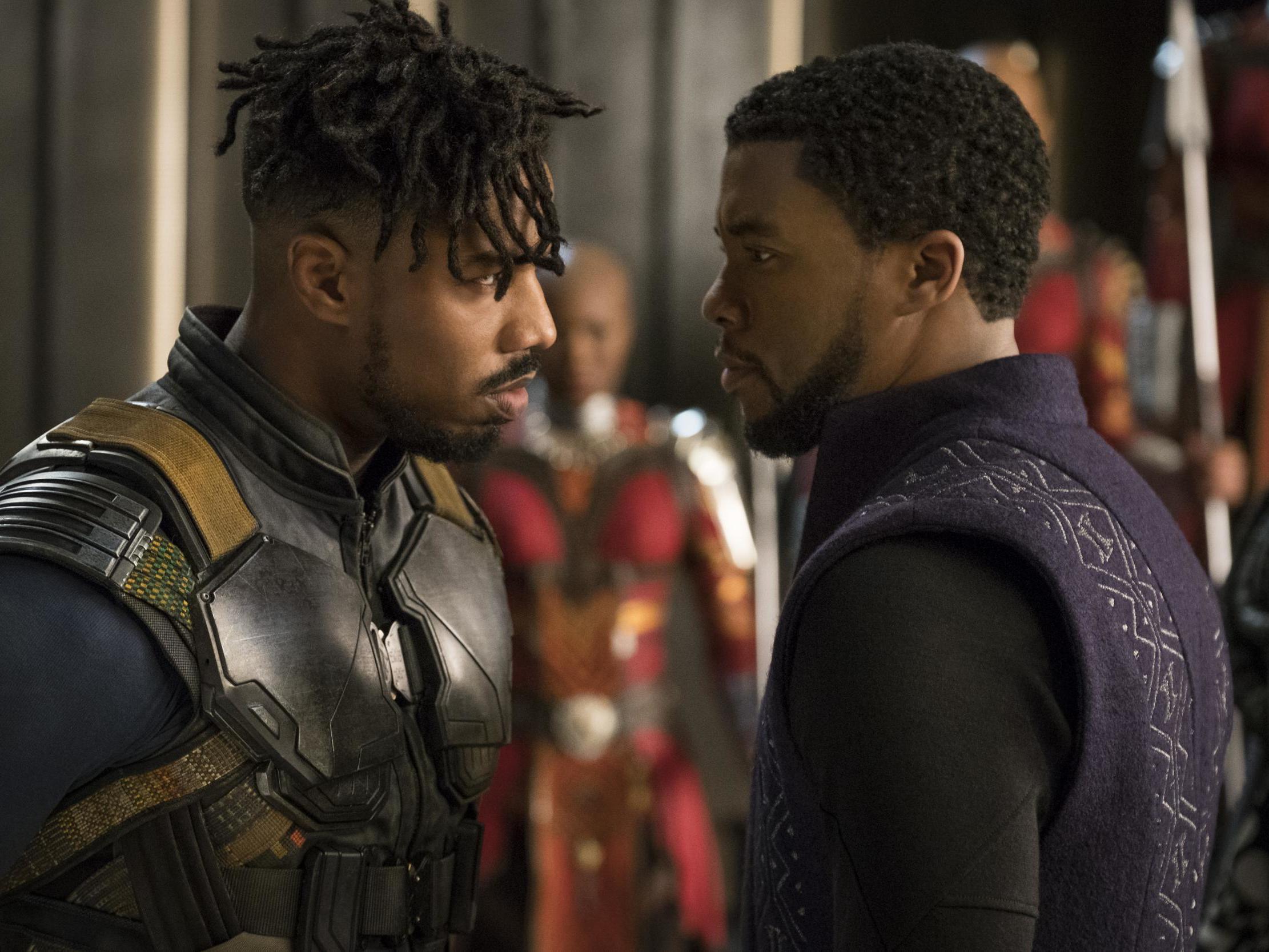 Erik Killmonger (Michael B Jordan) and T’Challa (Chadwick Boseman) square up in ‘Black Panther