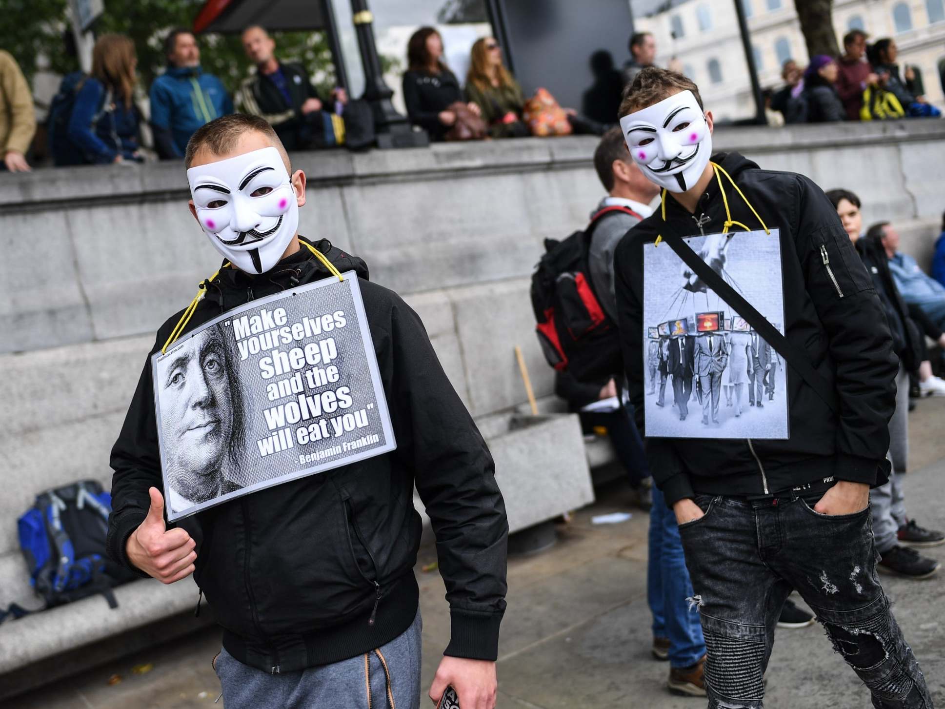 Two men at the Unite for Freedom protest in Trafalgar Square on 29 August 2020